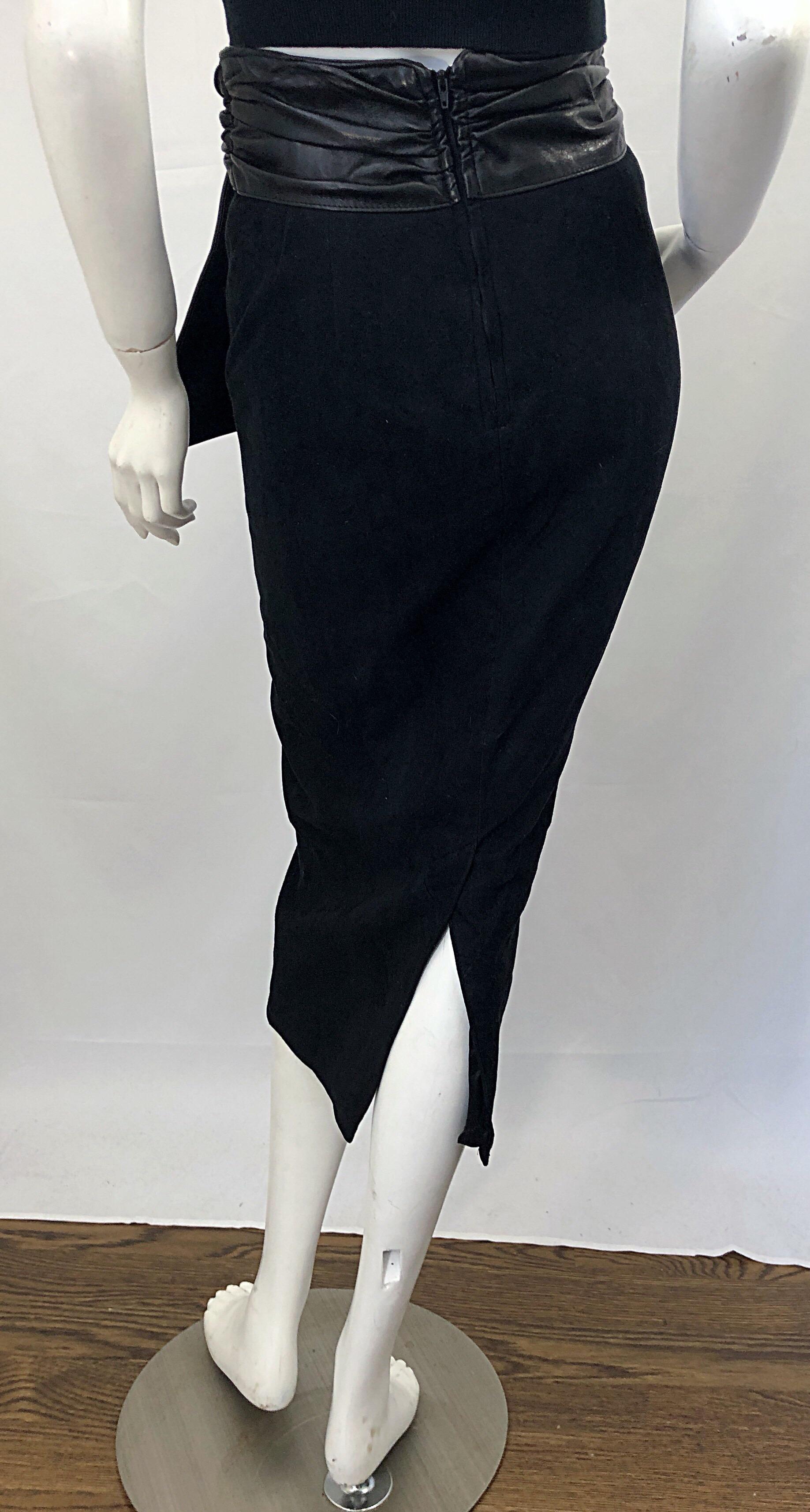 1990s Vakko Black Suede + Leather Size 4 High Waisted Vintage 90s Midi Skirt 3