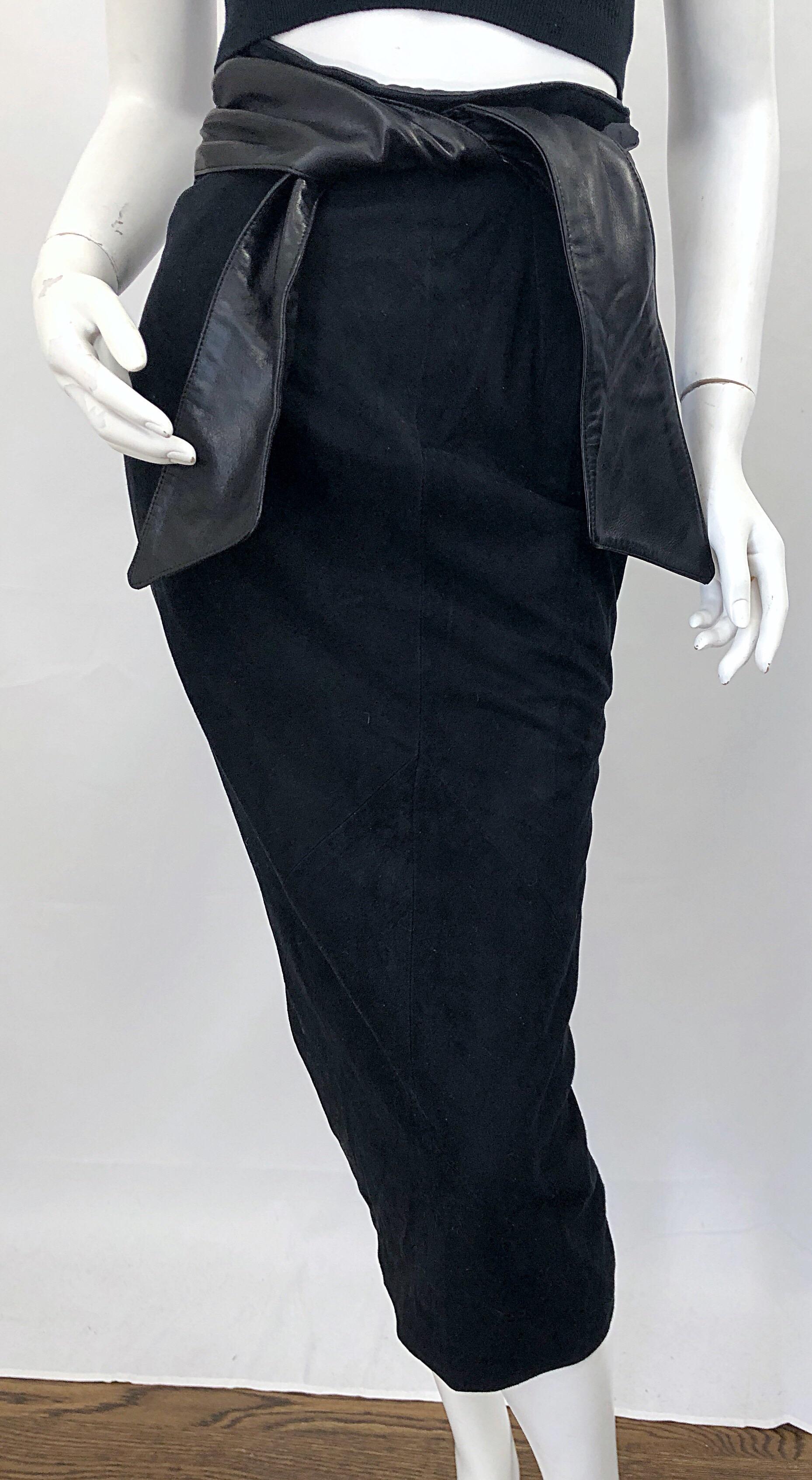 1990s Vakko Black Suede + Leather Size 4 High Waisted Vintage 90s Midi Skirt 4