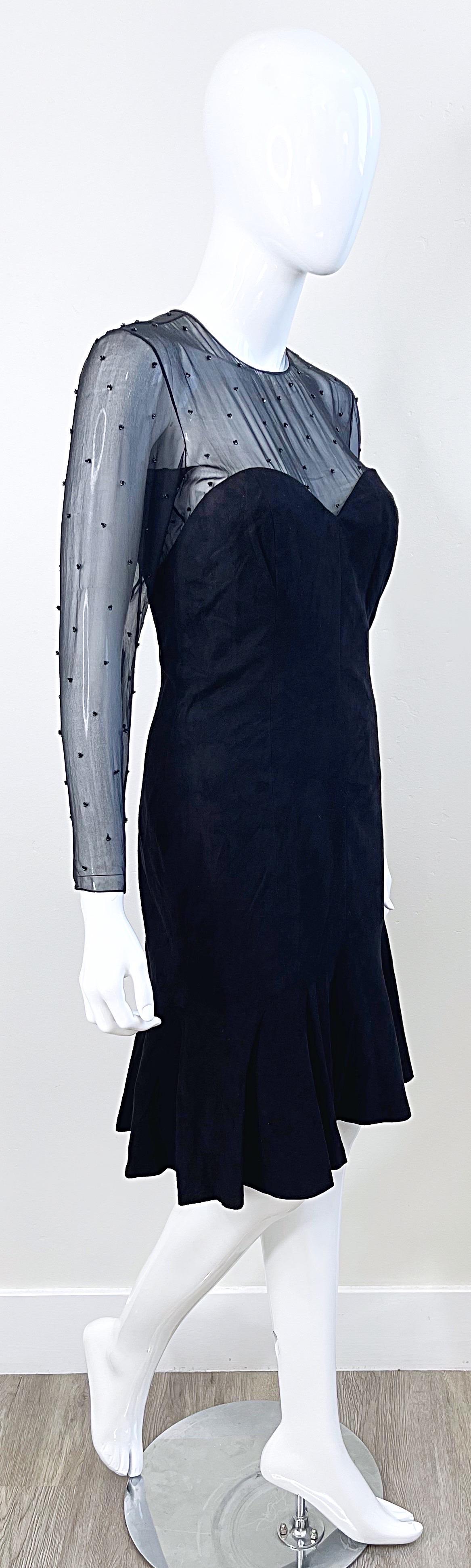 1990 Vakko Size 4 Suede Noir Cuir Chiffon perlé Vintage 90s Bodycon Dress en vente 7