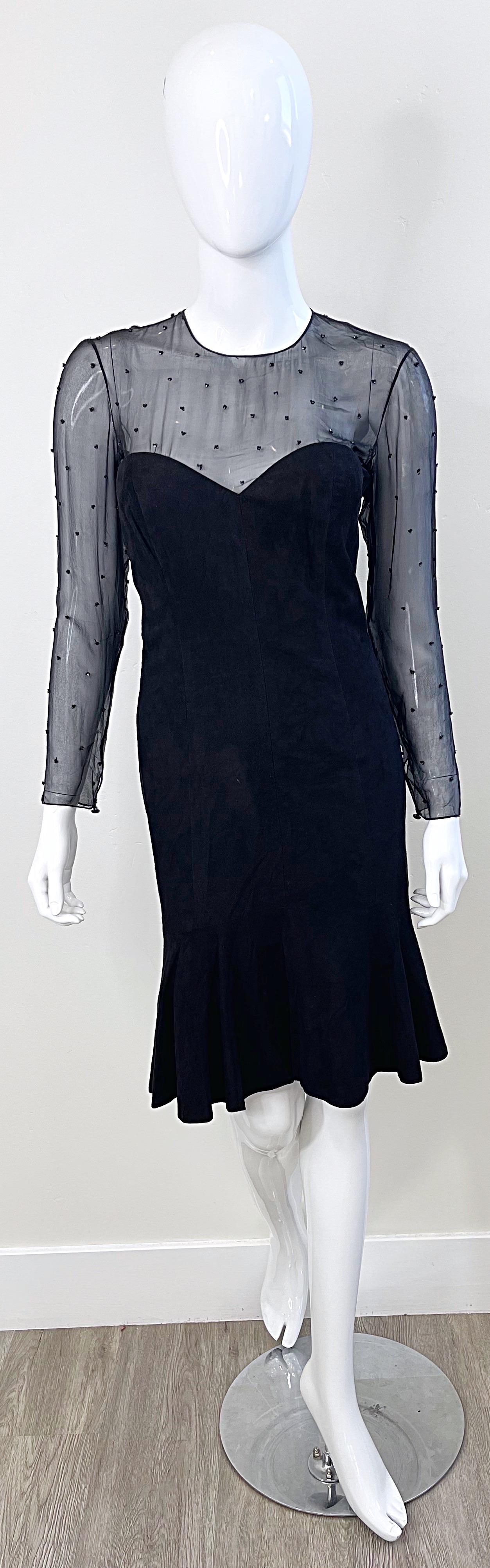 1990 Vakko Size 4 Suede Noir Cuir Chiffon perlé Vintage 90s Bodycon Dress en vente 10