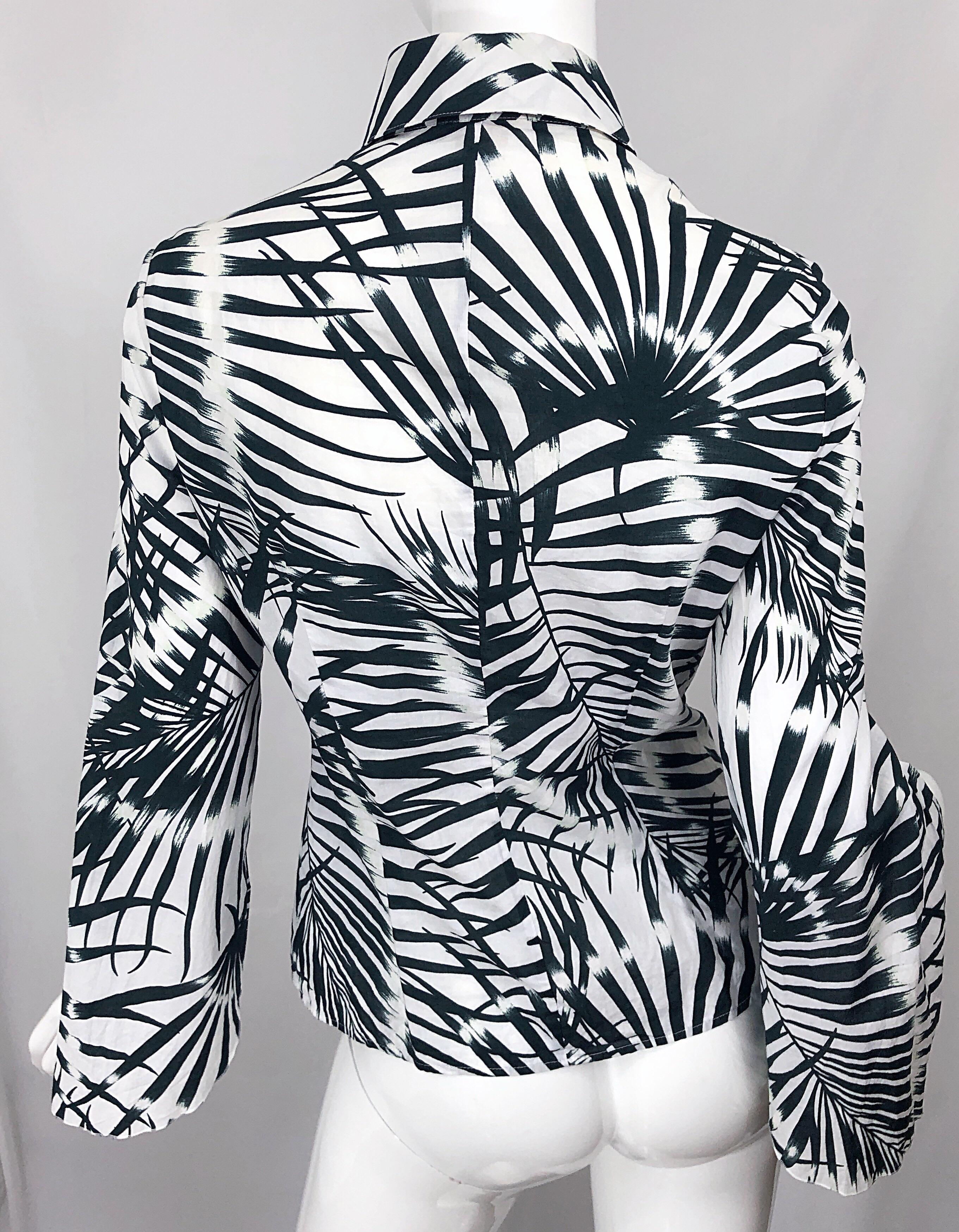 Valentino Black and White 2000s Palm Print Cotton Long Bell Sleeve Shirt Blouse For Sale 11