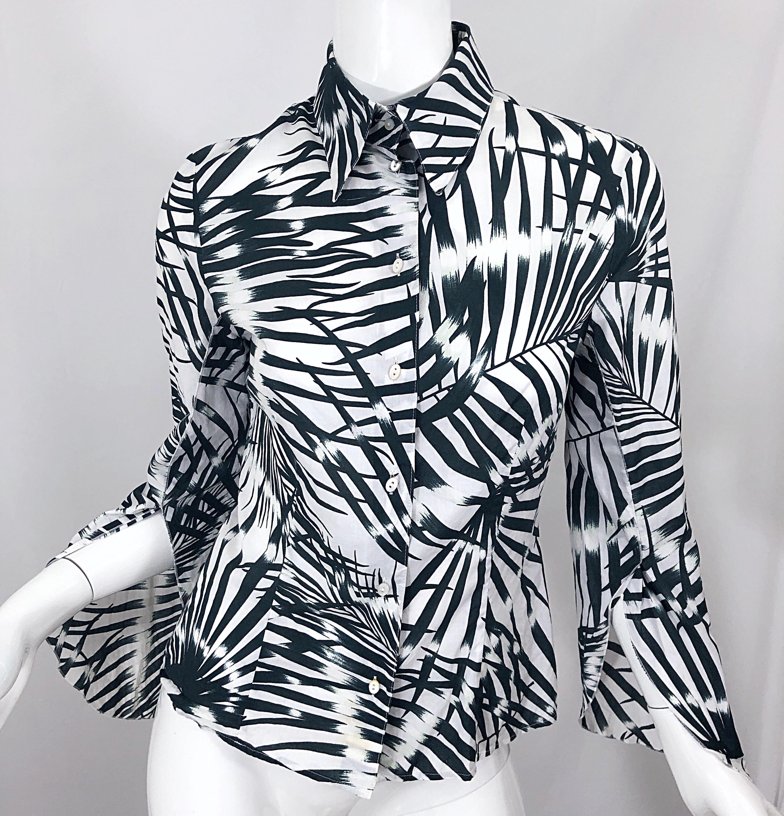 Women's Valentino Black and White 2000s Palm Print Cotton Long Bell Sleeve Shirt Blouse For Sale