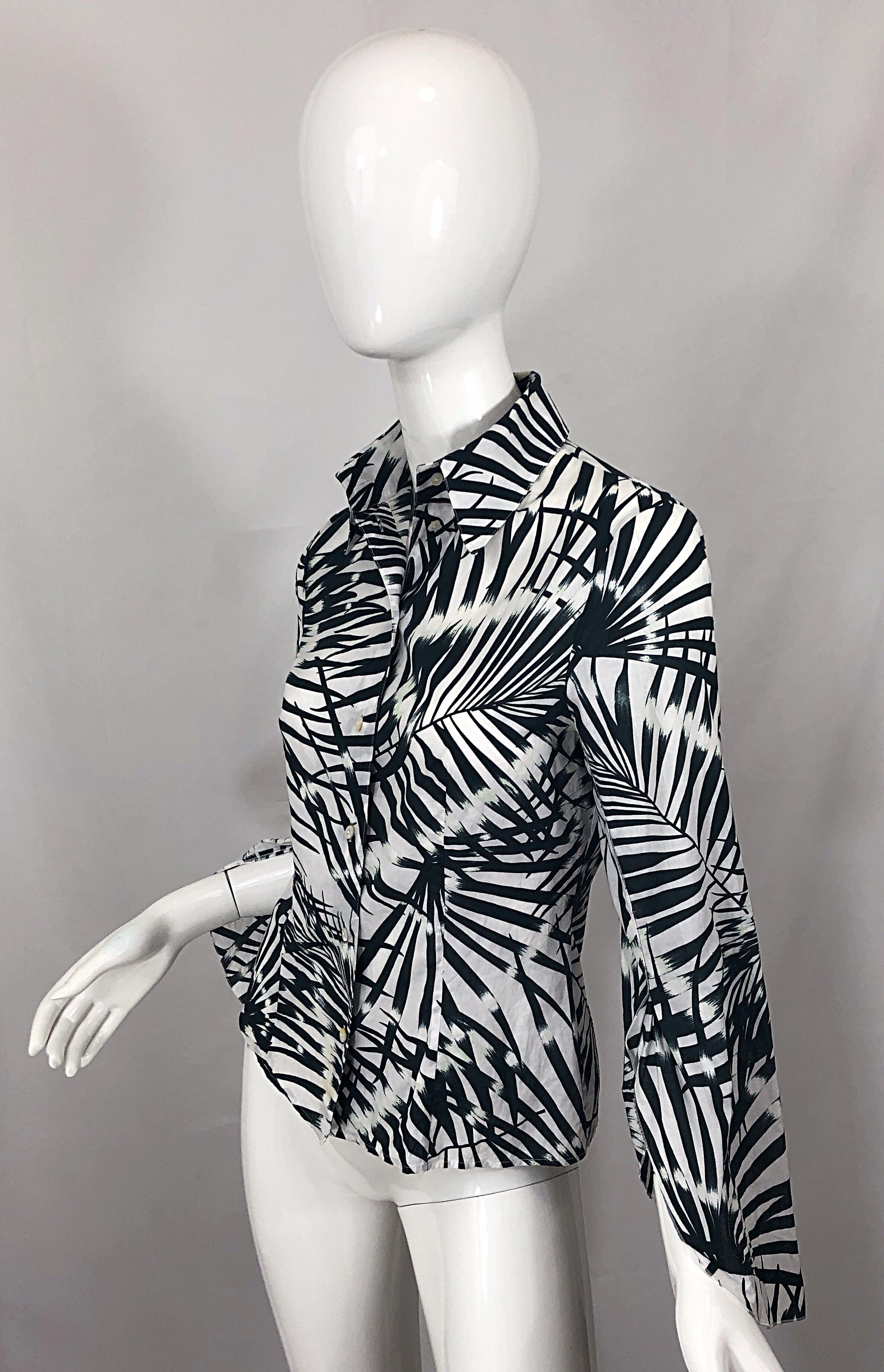 Valentino Black and White 2000s Palm Print Cotton Long Bell Sleeve Shirt Blouse For Sale 1