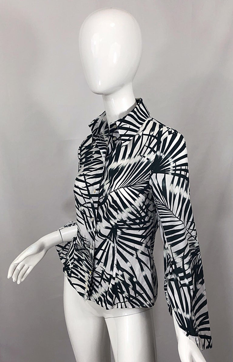 1990s Valentino Black and White Palm Print Cotton Long Bell Sleeve Shirt Blouse For Sale 1