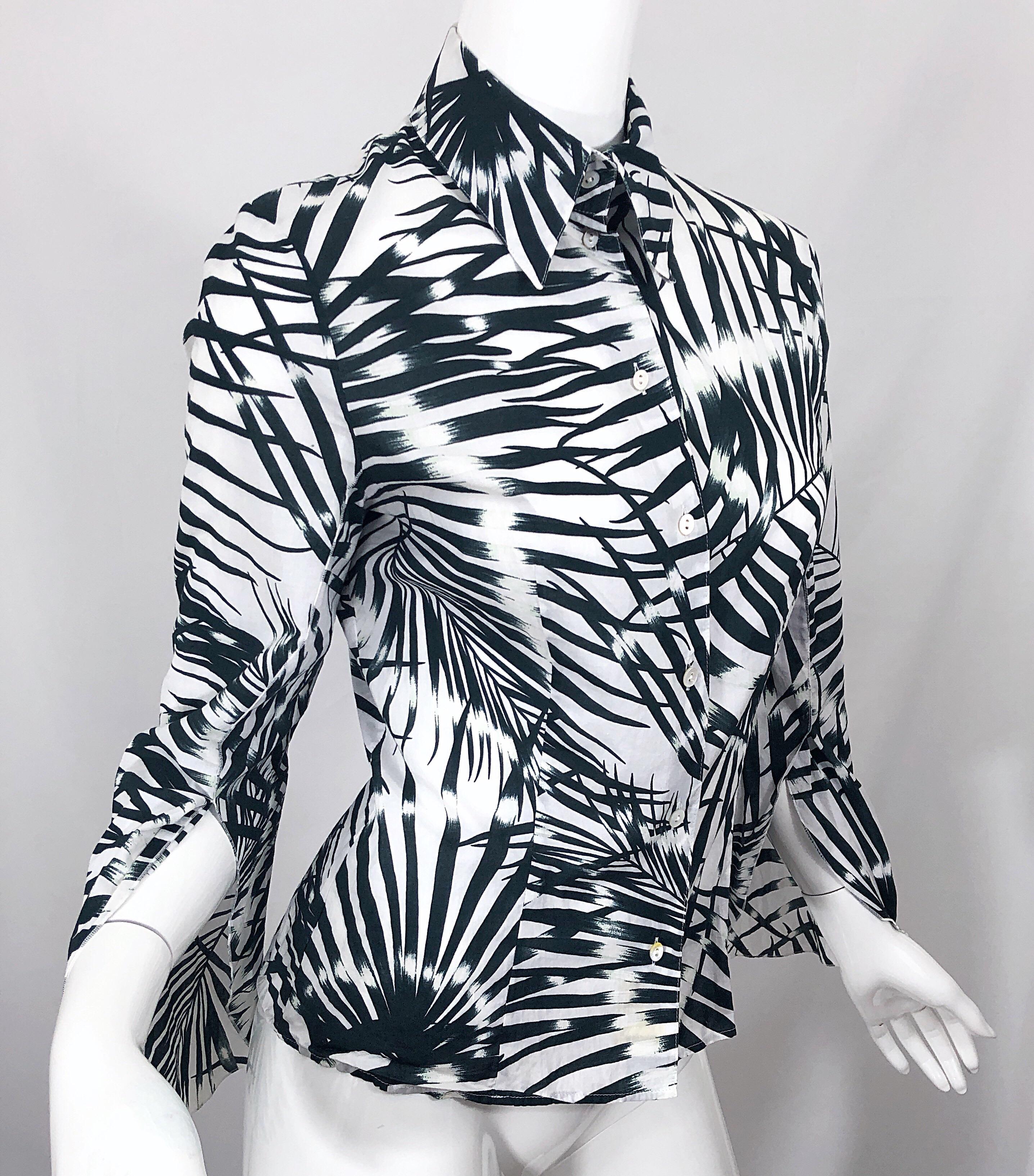 Valentino Black and White 2000s Palm Print Cotton Long Bell Sleeve Shirt Blouse For Sale 2