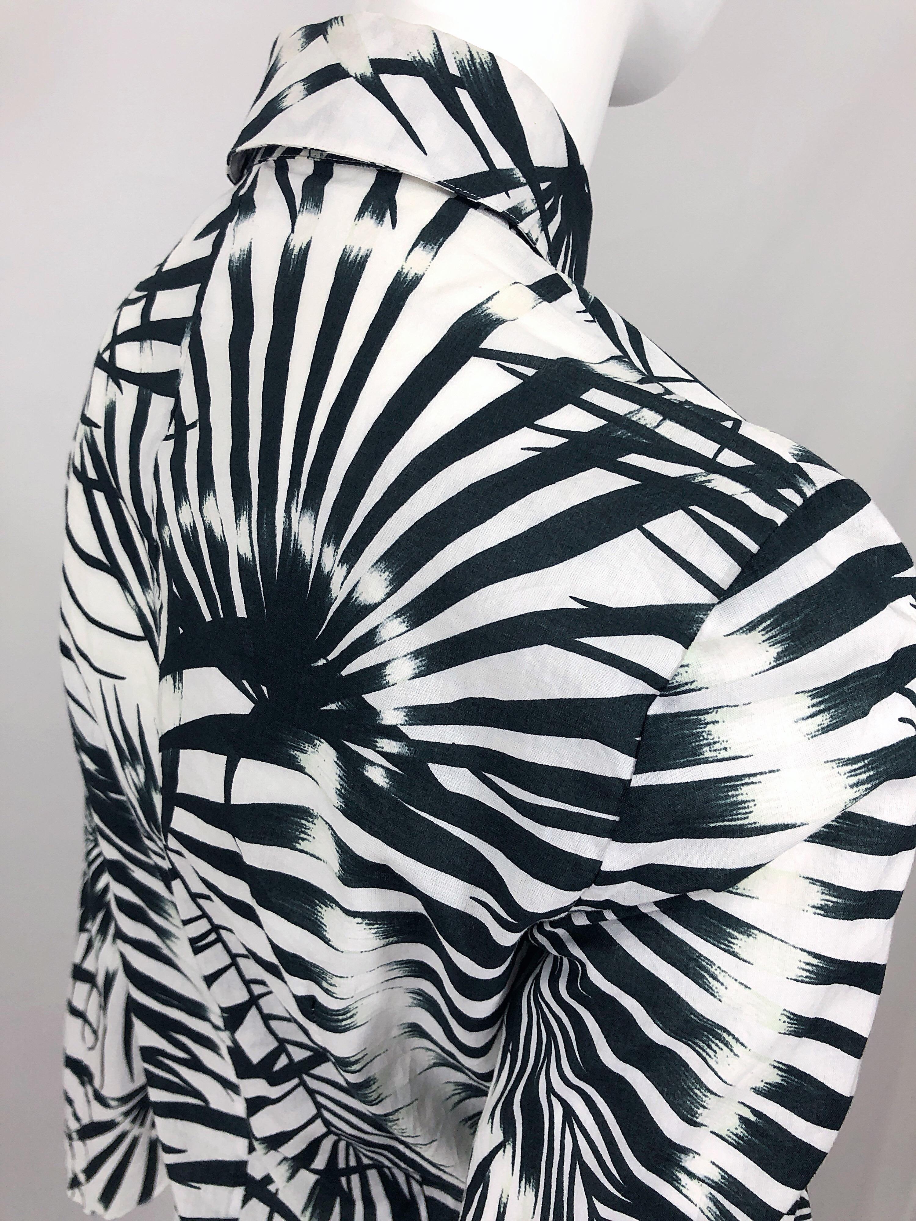 Valentino Black and White 2000s Palm Print Cotton Long Bell Sleeve Shirt Blouse For Sale 3