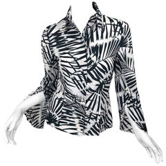Valentino Black and White 2000s Palm Print Cotton Long Bell Sleeve Shirt Blouse