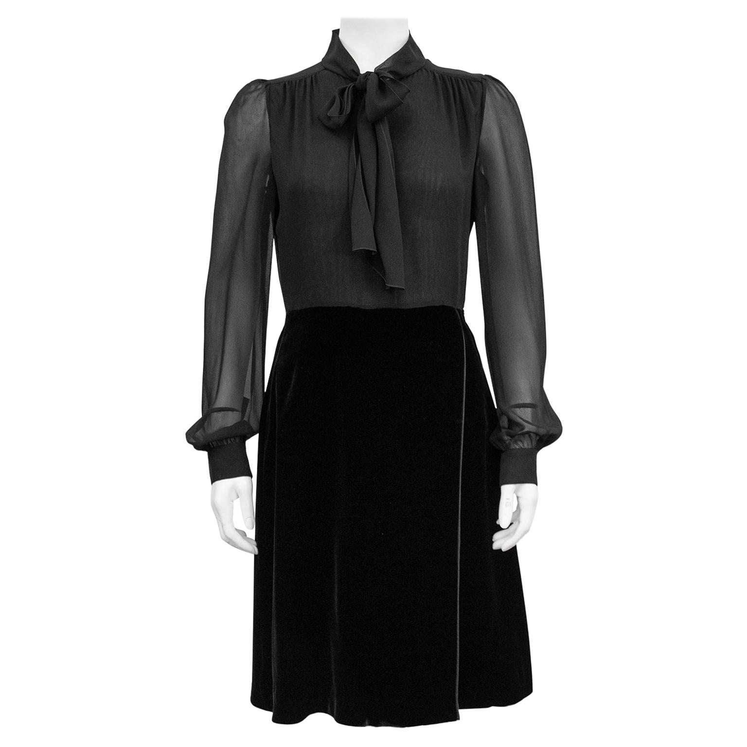 1990s Valentino Black Chiffon and Velvet Dress Shirt Dress For Sale
