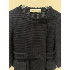 1990s Valentino Black Textured A-Line Coat with Fringe, IT 38