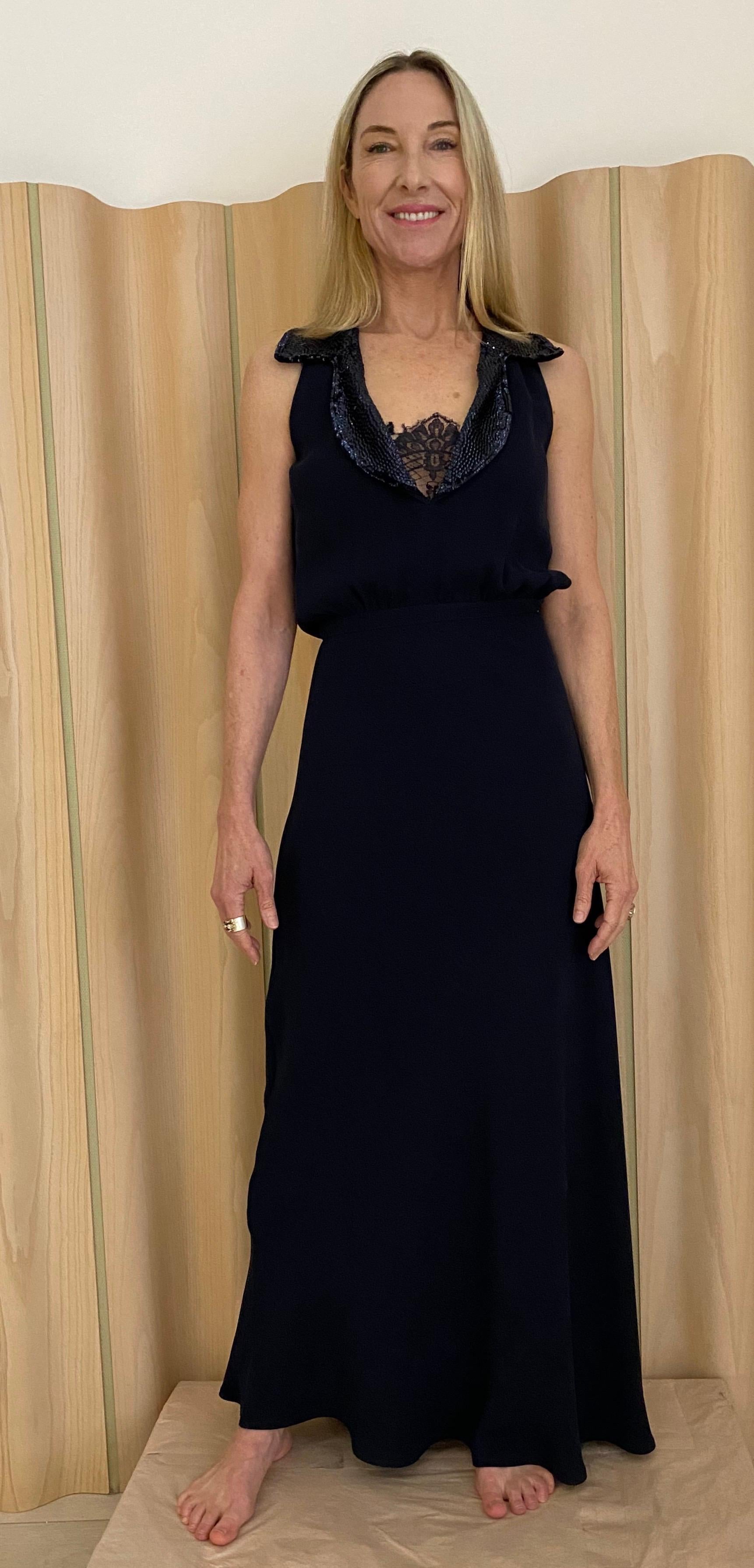 1990s Valentino Navy Blue crepe silk  Gown For Sale 1