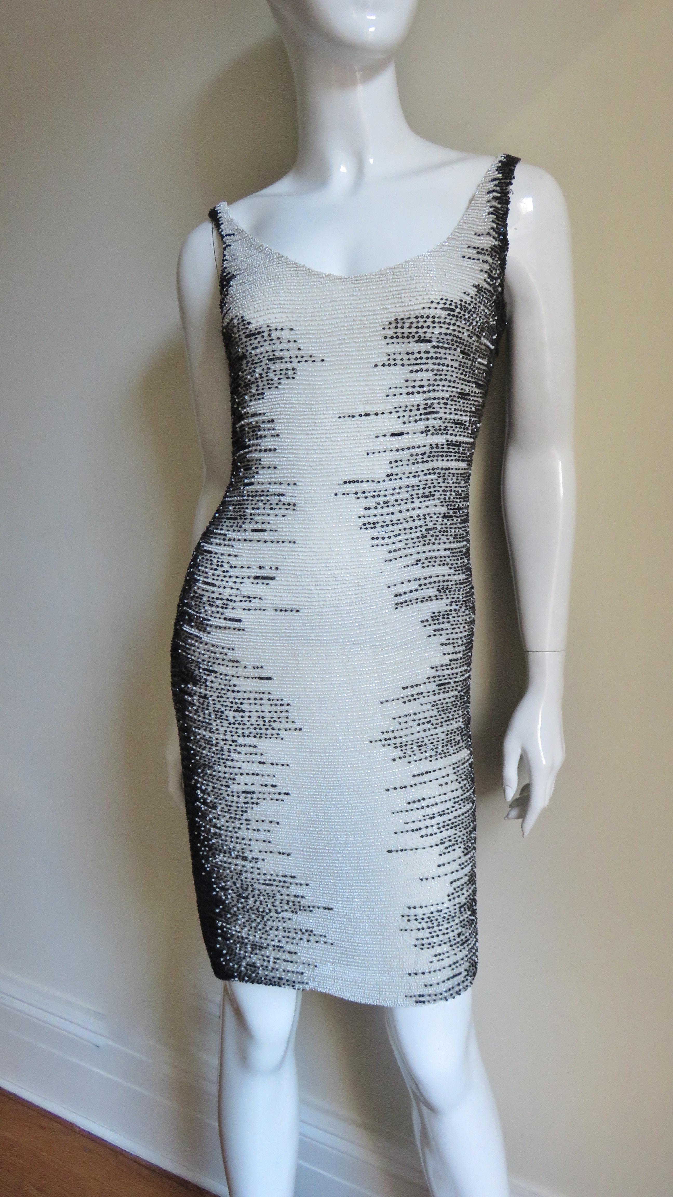 Gray 1990s Valentino Boutique Black and White Beaded Dress