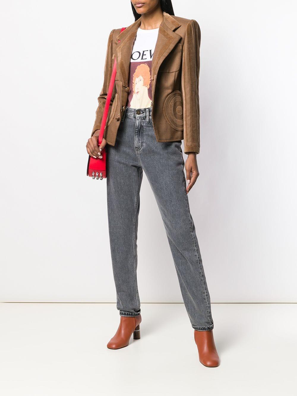 Valentino brown jacket with mandarin collar, double-breasted front closure with buttons with inner chain and invisible zip, long sleeves, padded shoulder straps, chest pockets, brown velvet trim and decorative inserts on the sleeves, on the front