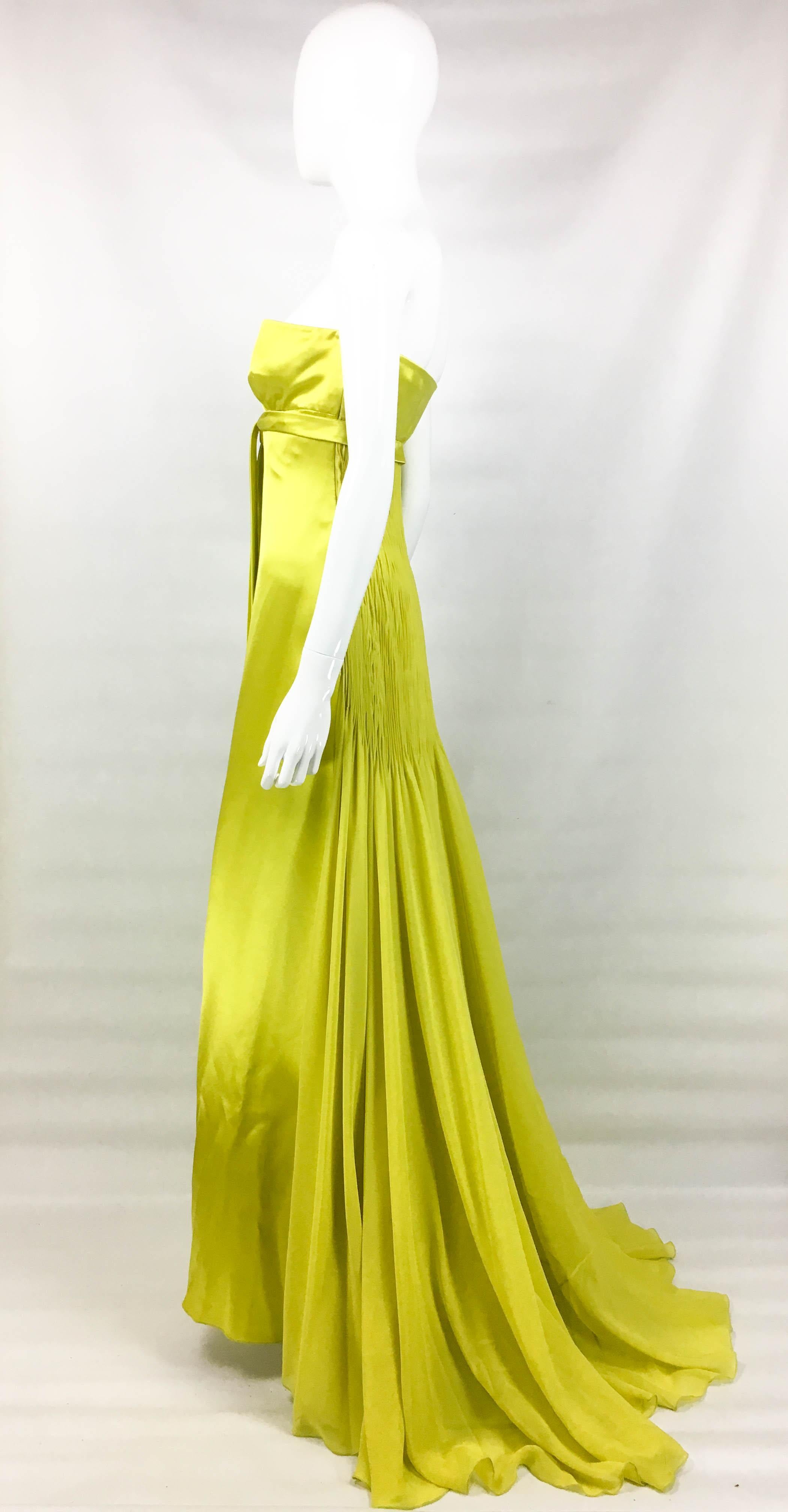 1990's Valentino Chartreuse Silk Evening Gown 3