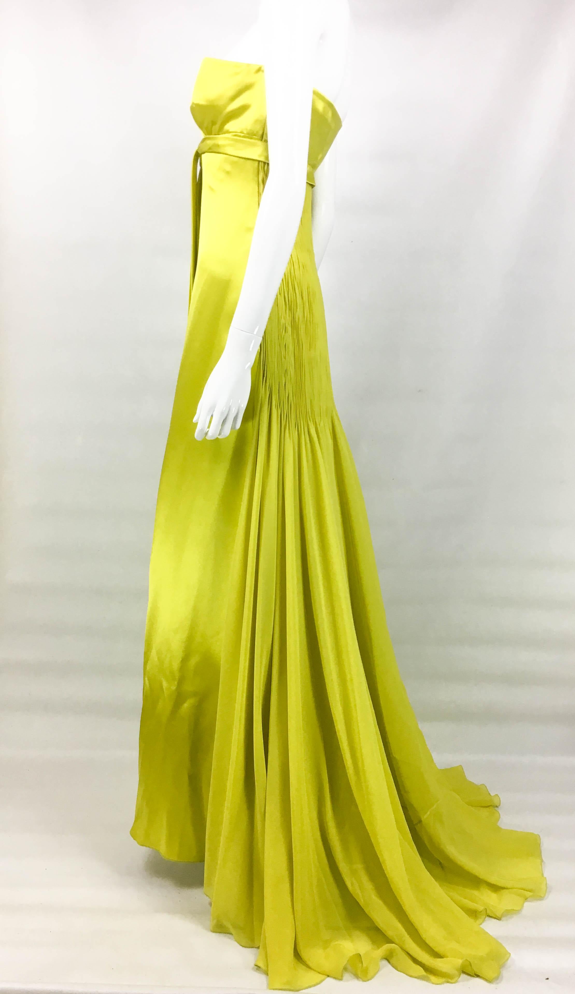 1990's Valentino Chartreuse Silk Evening Gown 4