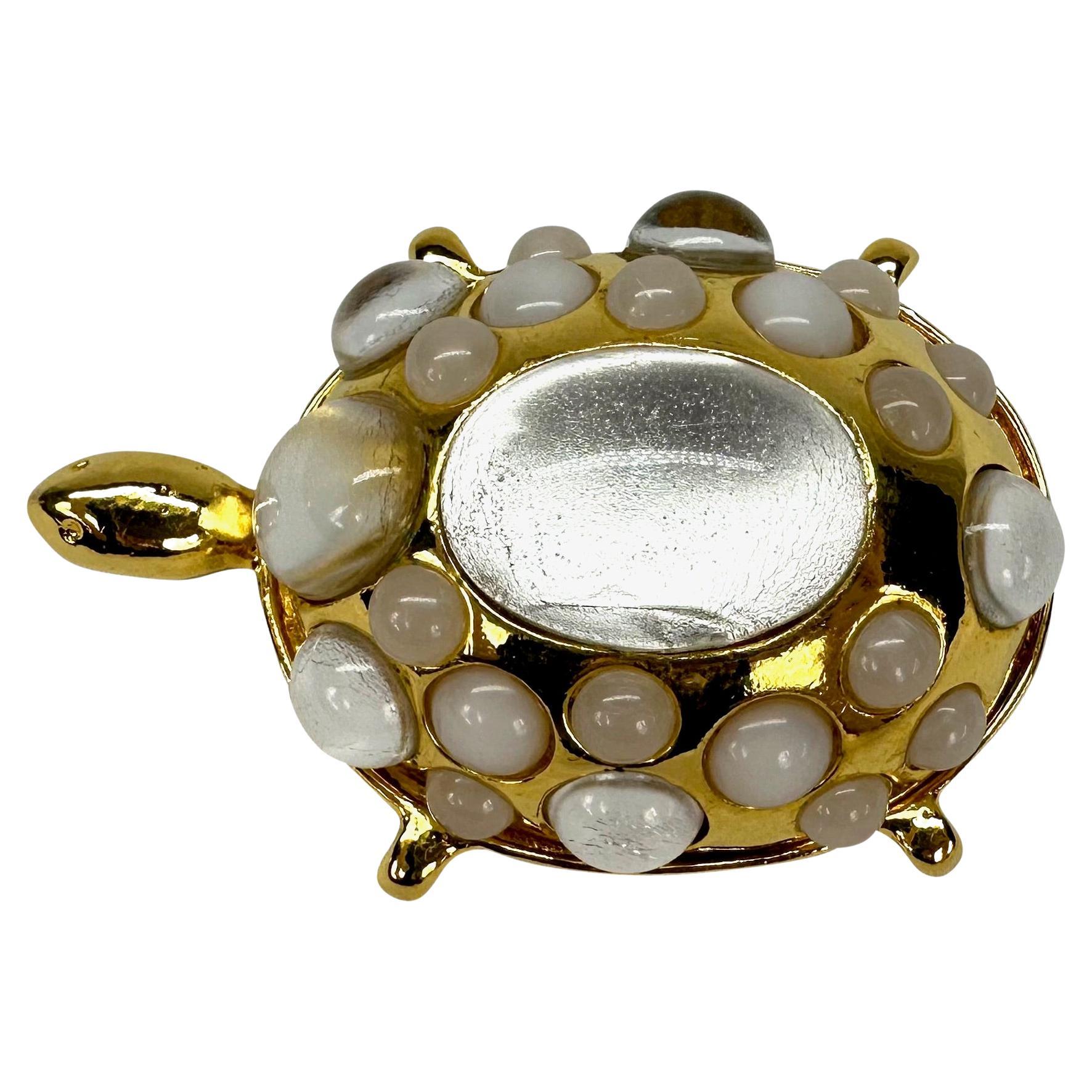 Women's or Men's 1990s Valentino Couture Gold Tone White Opal Turtle Costume Brooch  For Sale