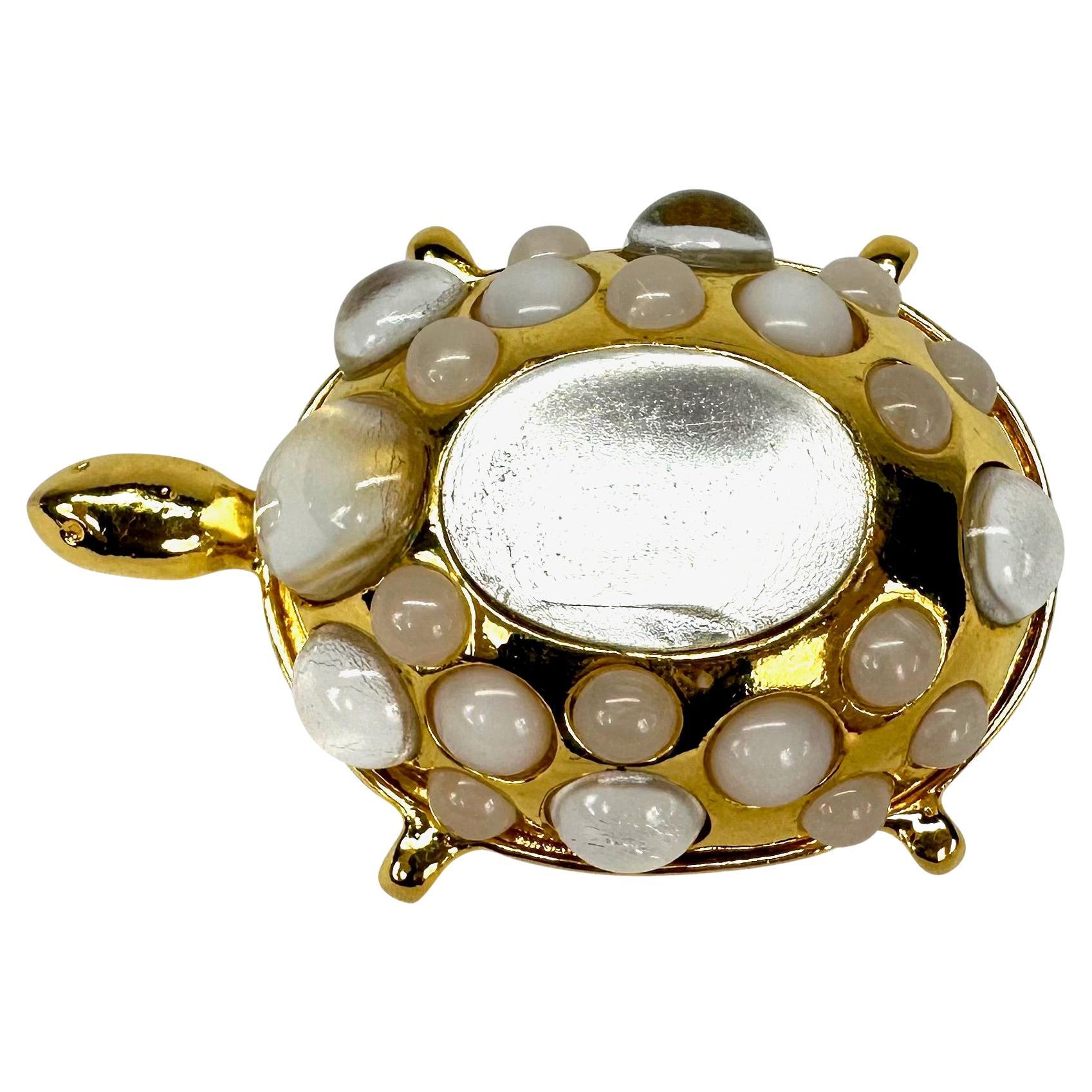 1990s Valentino Couture Gold Tone White Opal Turtle Costume Brooch 