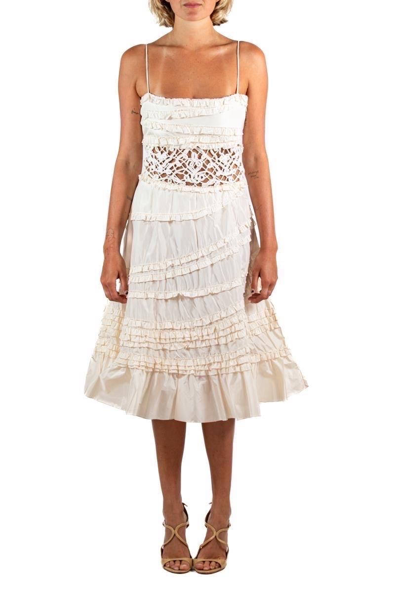 Beige 1990S Valentino Cream Ruffled Silk Taffeta & Lace Cocktail Dress For Sale