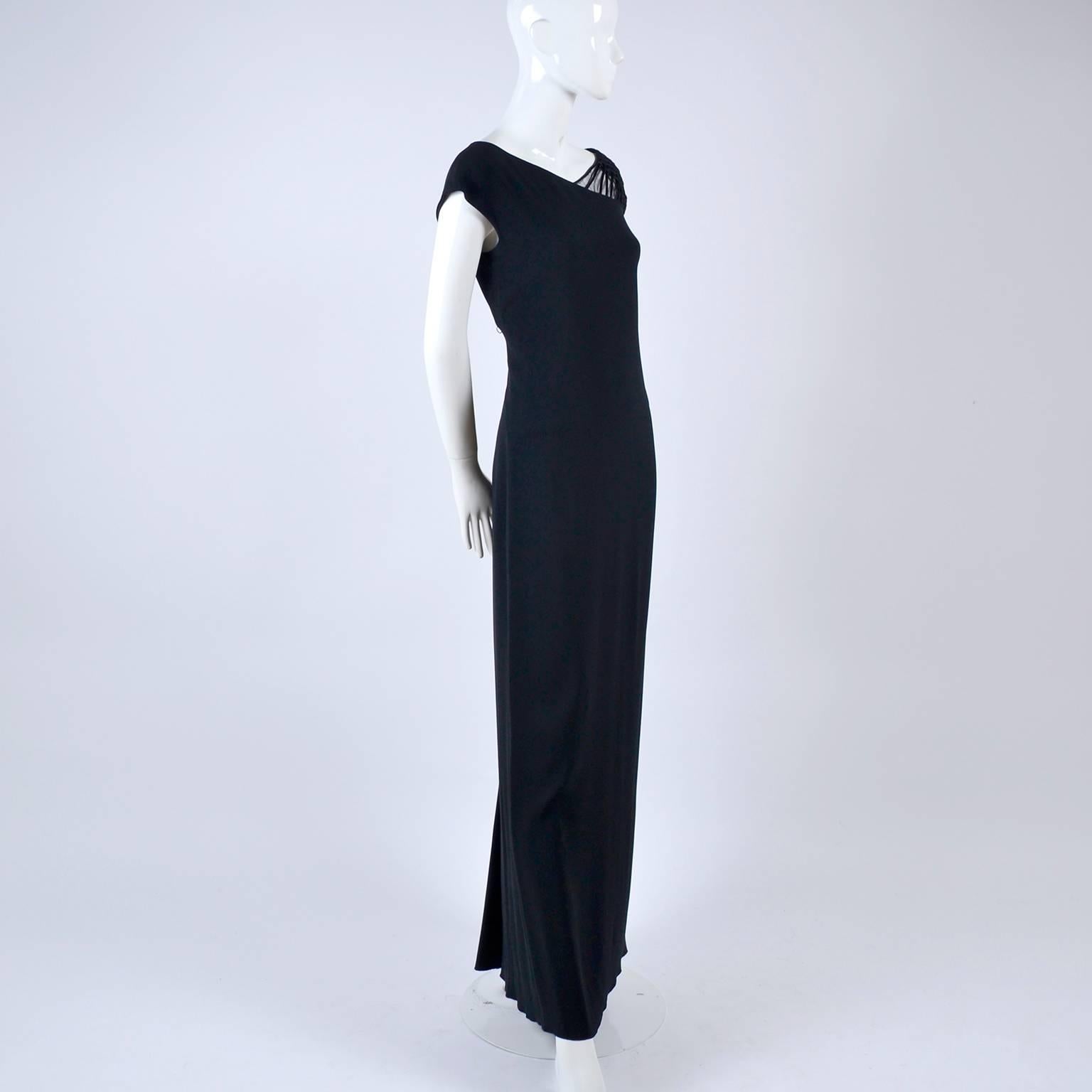 1990s Valentino Dress Black Crepe Evening Gown With Woven Shoulder Details 5