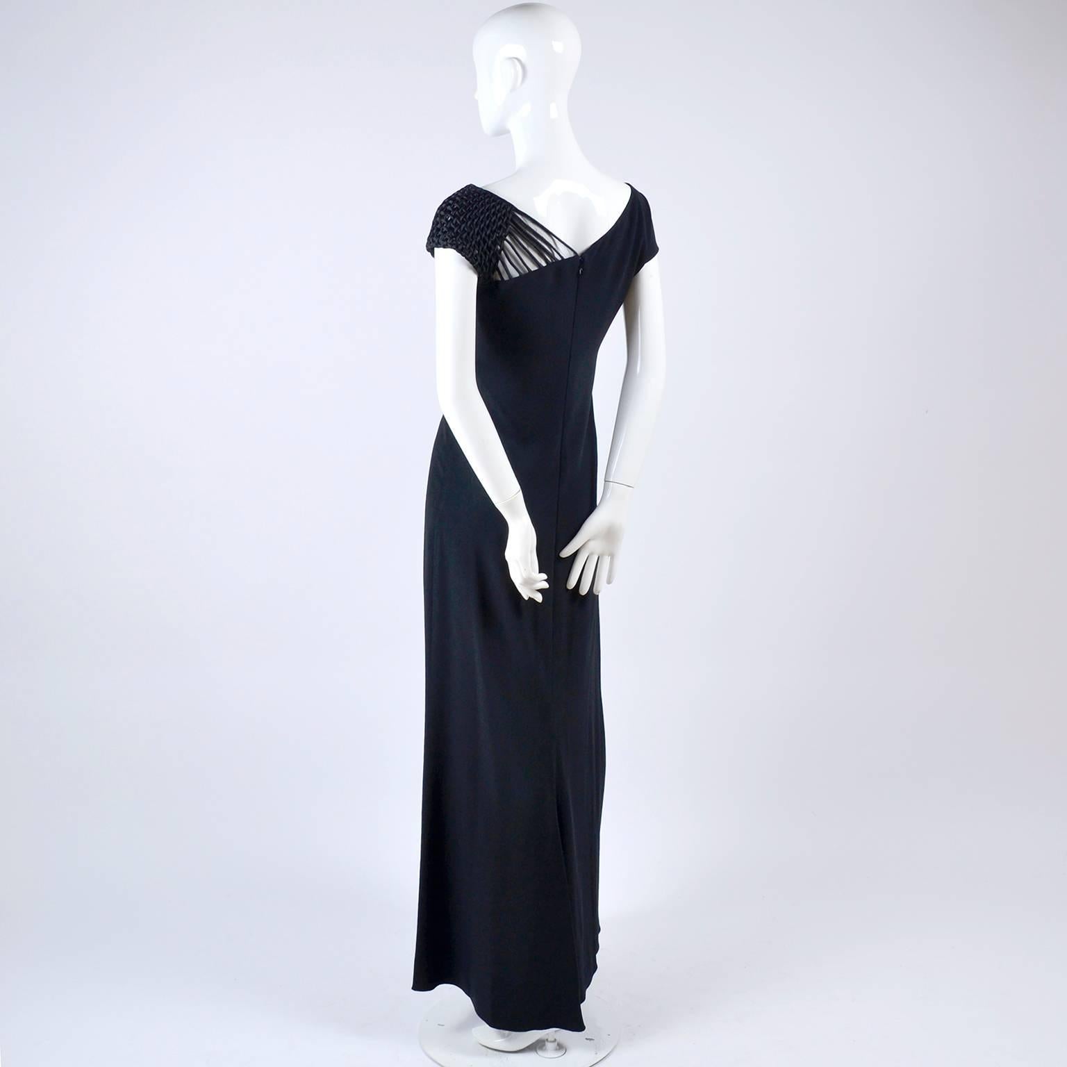 1990s Valentino Dress Black Crepe Evening Gown With Woven Shoulder Details In Excellent Condition In Portland, OR