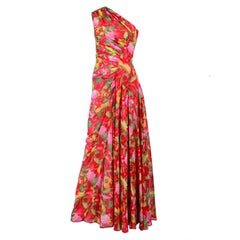Vintage 1990s Valentino Dress in Red Floral Silk Chiffon One Shoulder Size 4