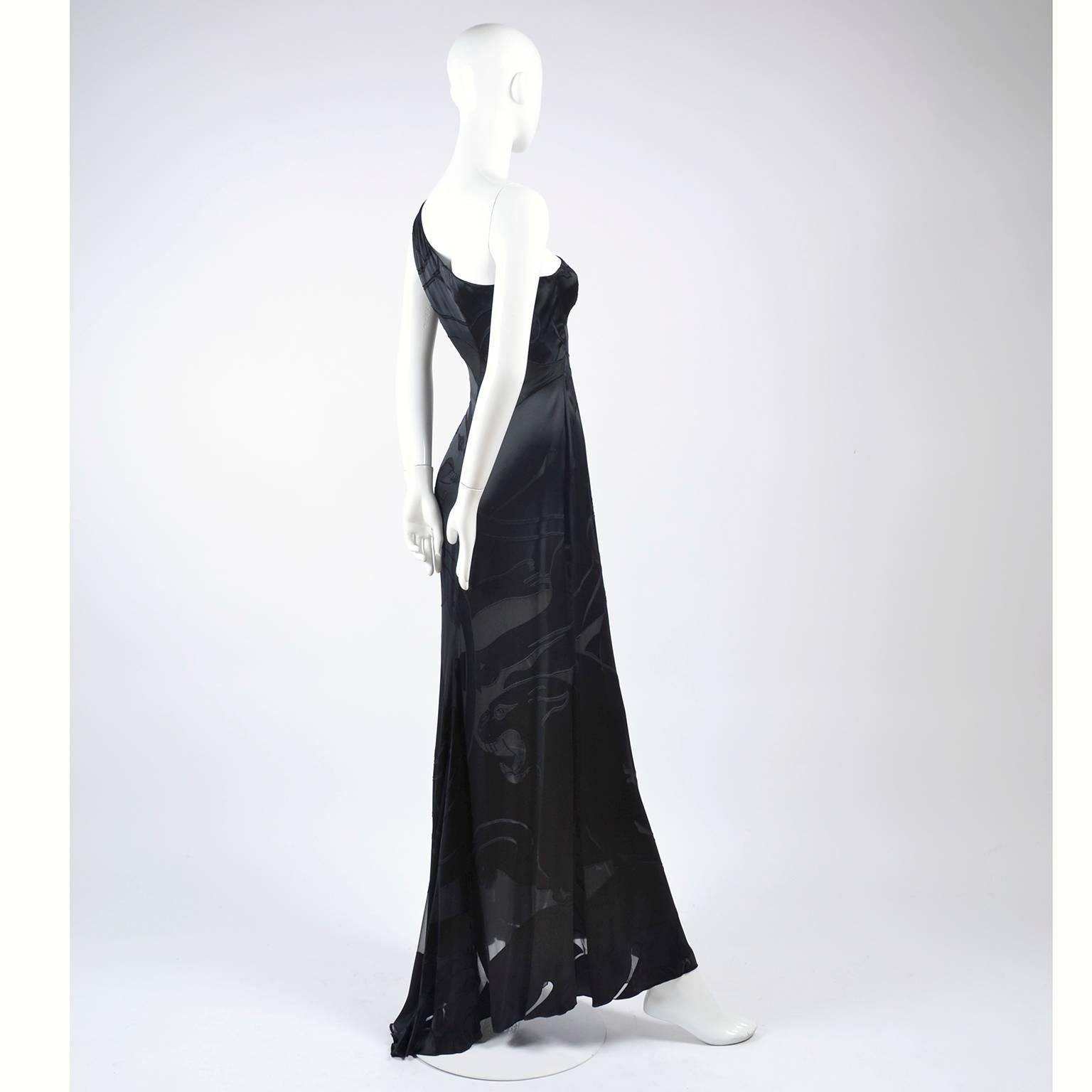 Valentino Black Panther Burnout Silk Jacquard One Shoulder Dress, 1990s 6