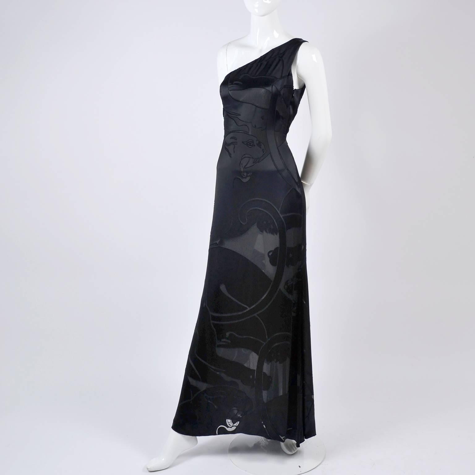 Valentino Black Panther Burnout Silk Jacquard One Shoulder Dress, 1990s 8