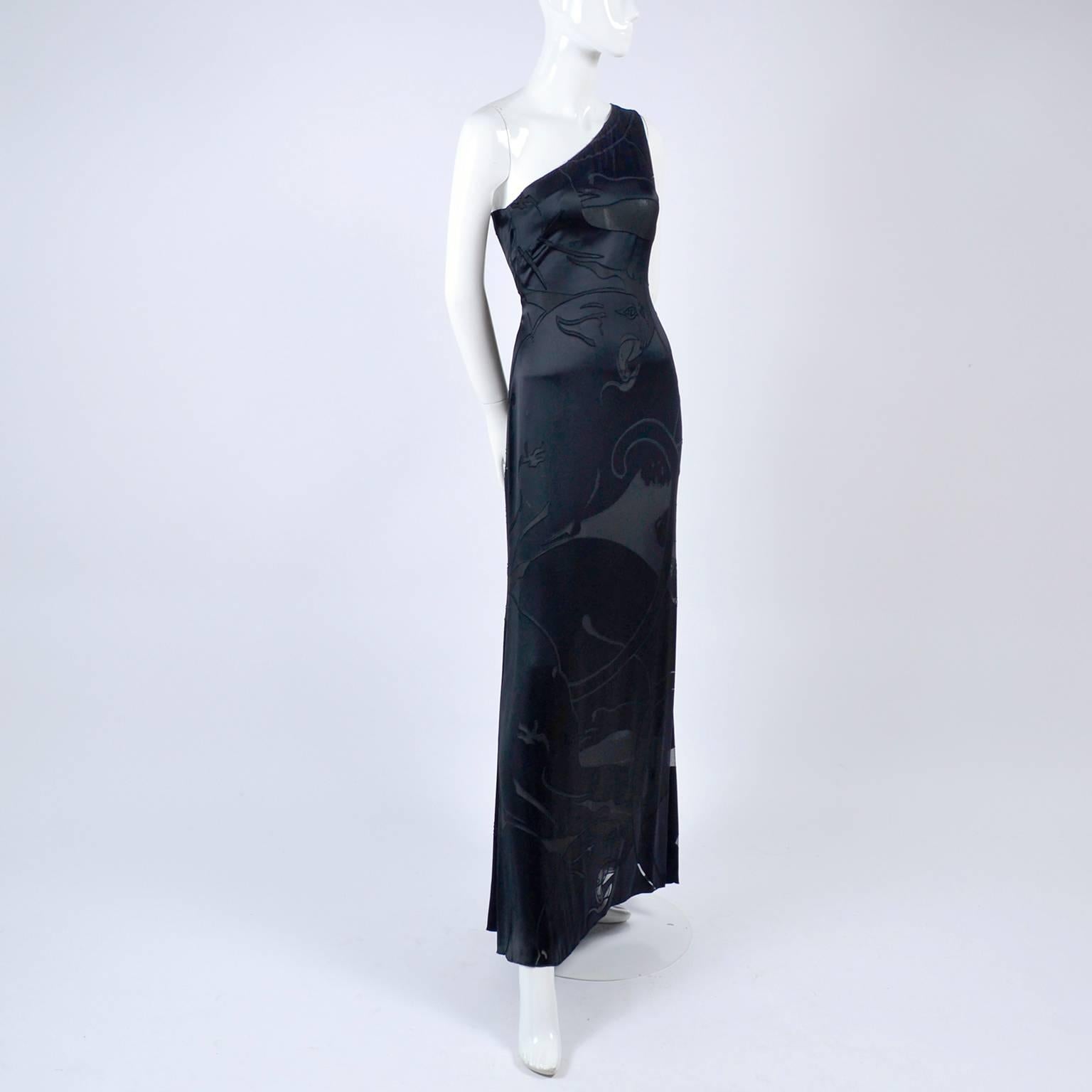 Valentino Black Panther Burnout Silk Jacquard One Shoulder Dress, 1990s 3