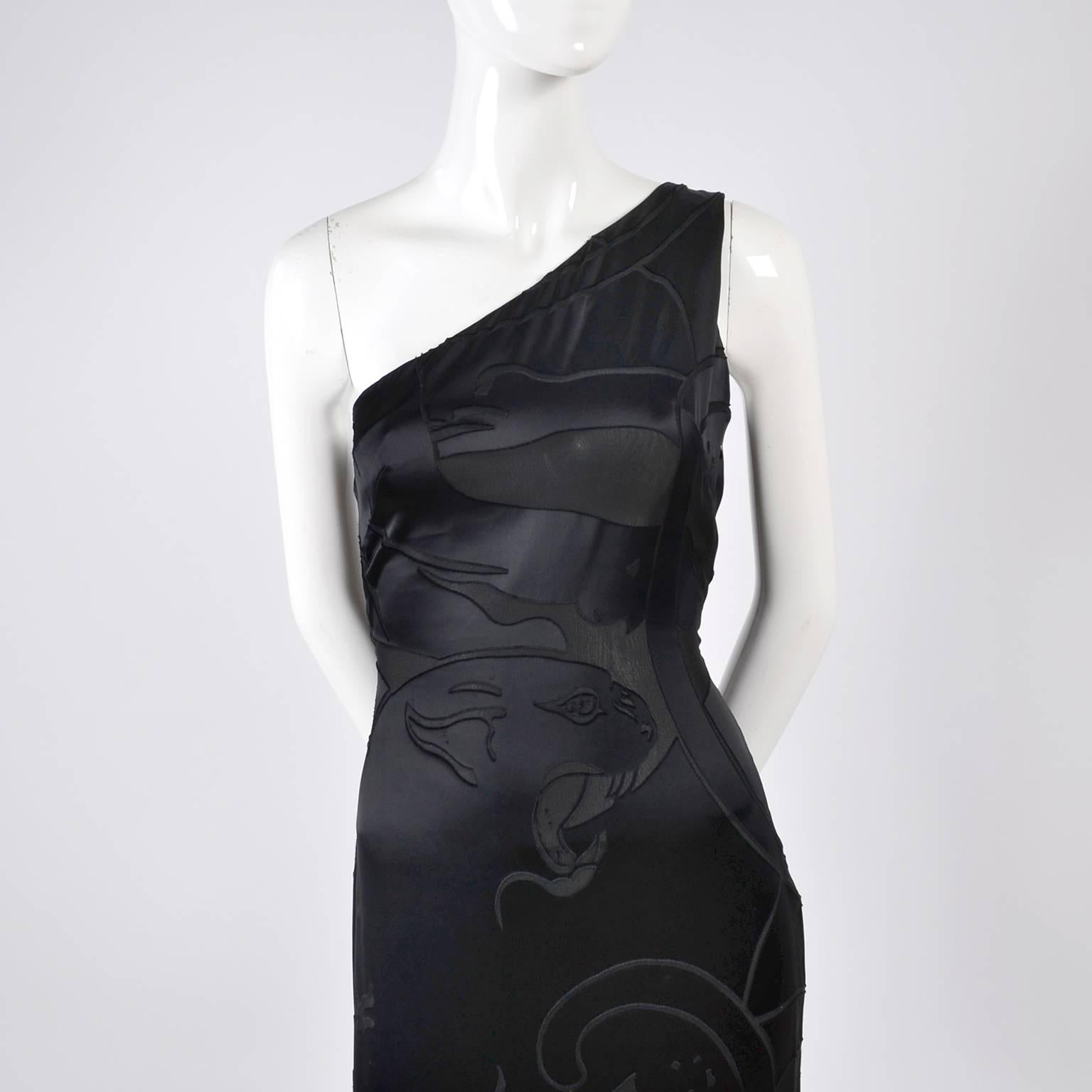 Valentino Black Panther Burnout Silk Jacquard One Shoulder Dress, 1990s 4