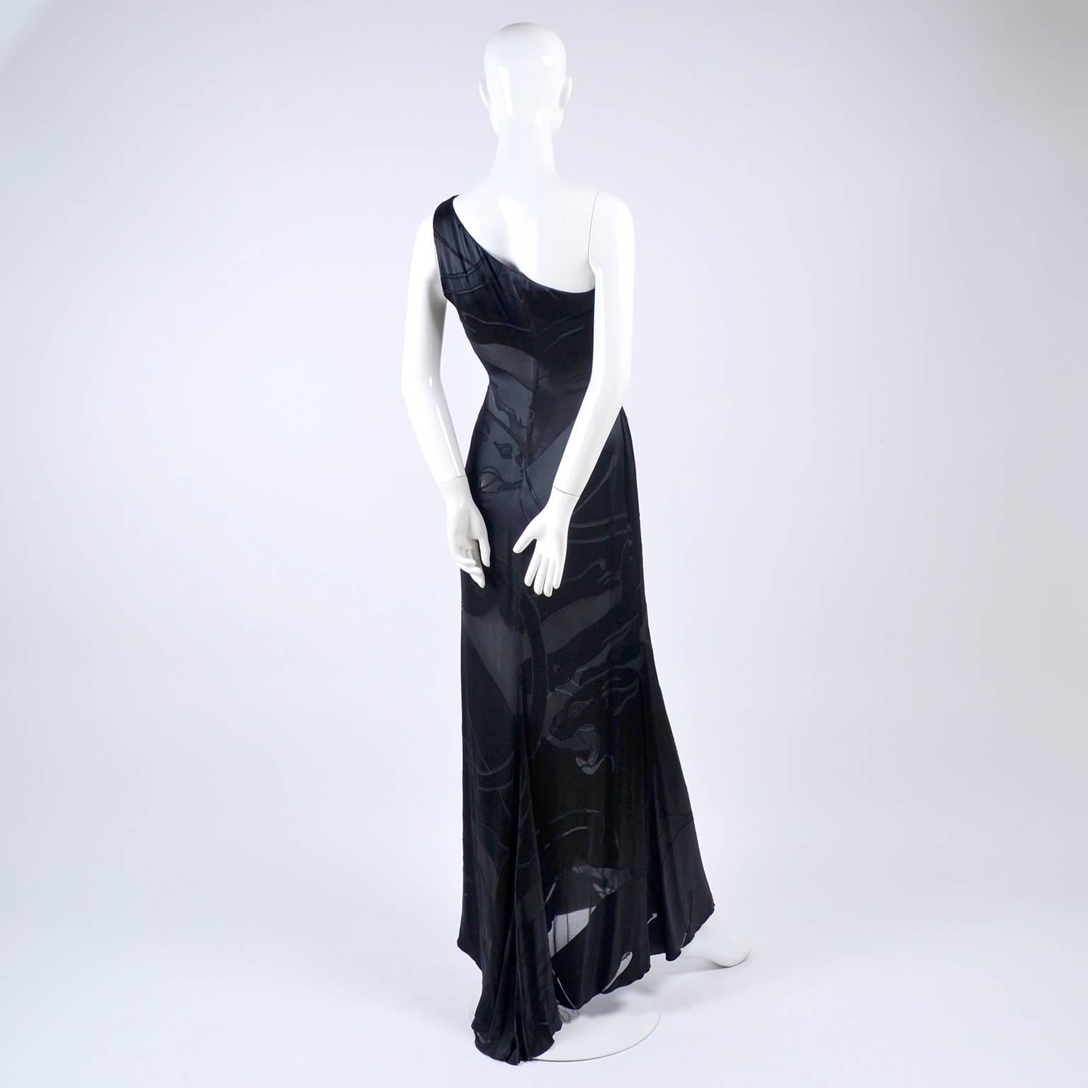 Valentino Black Panther Burnout Silk Jacquard One Shoulder Dress, 1990s 5