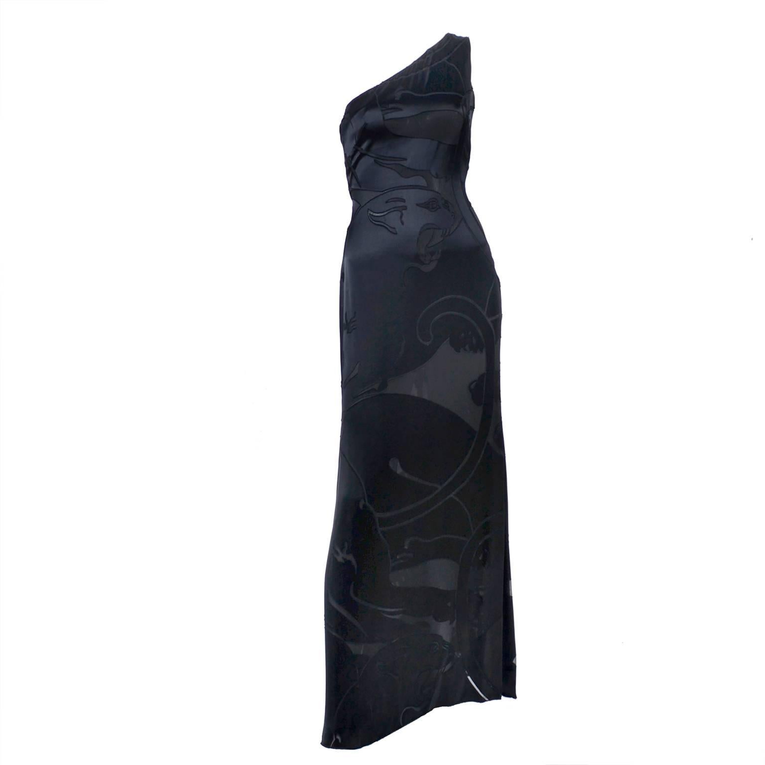 Valentino Black Panther Burnout Silk Jacquard One Shoulder Dress, 1990s