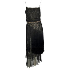 Vintage 1990s Valentino Garavani Asymmetric Black Lace Flapper Fringe Slip Dress