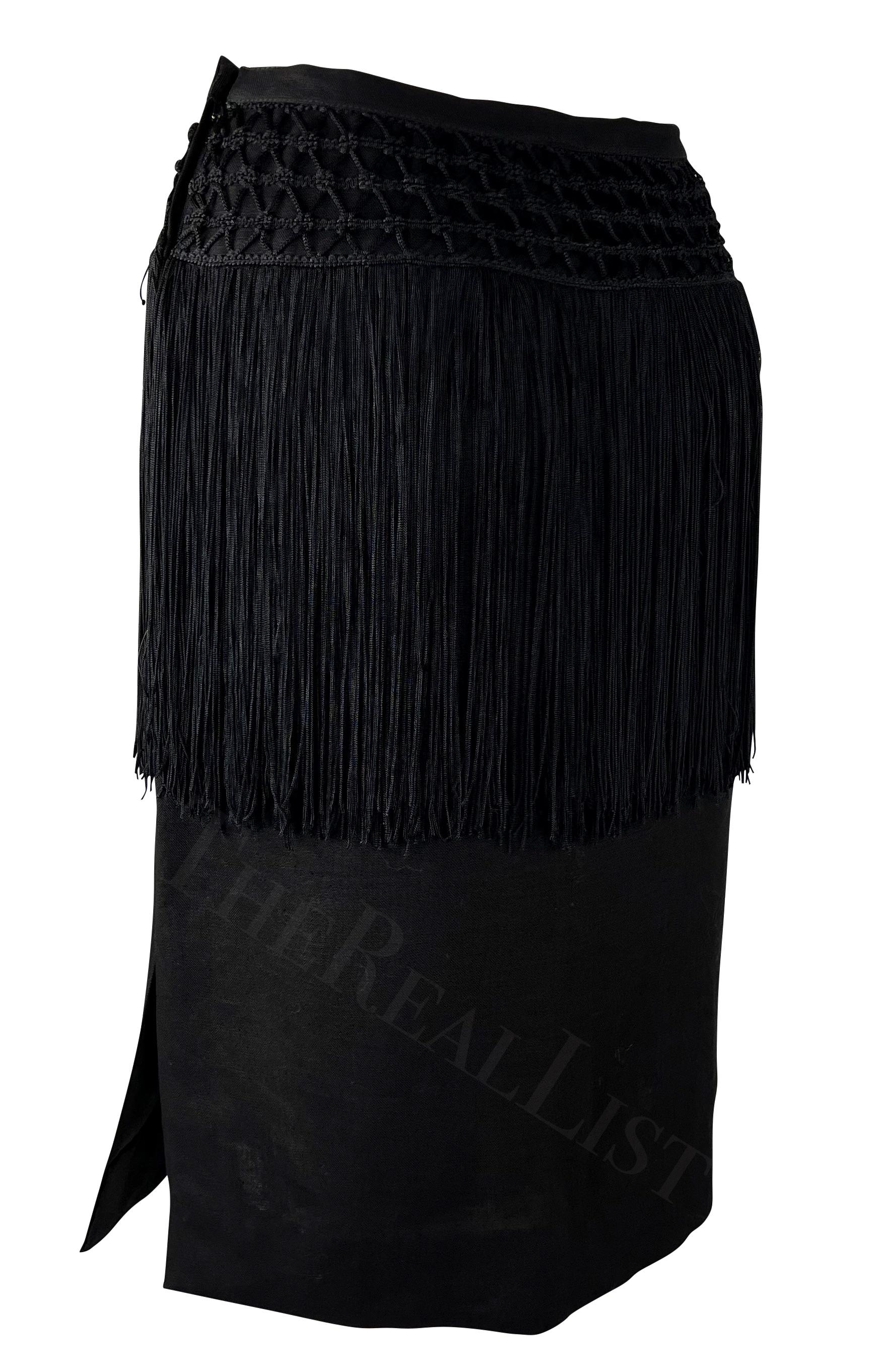 Women's 1990s Valentino Garavani Black Crochet Fringe Linen Pencil Skirt For Sale