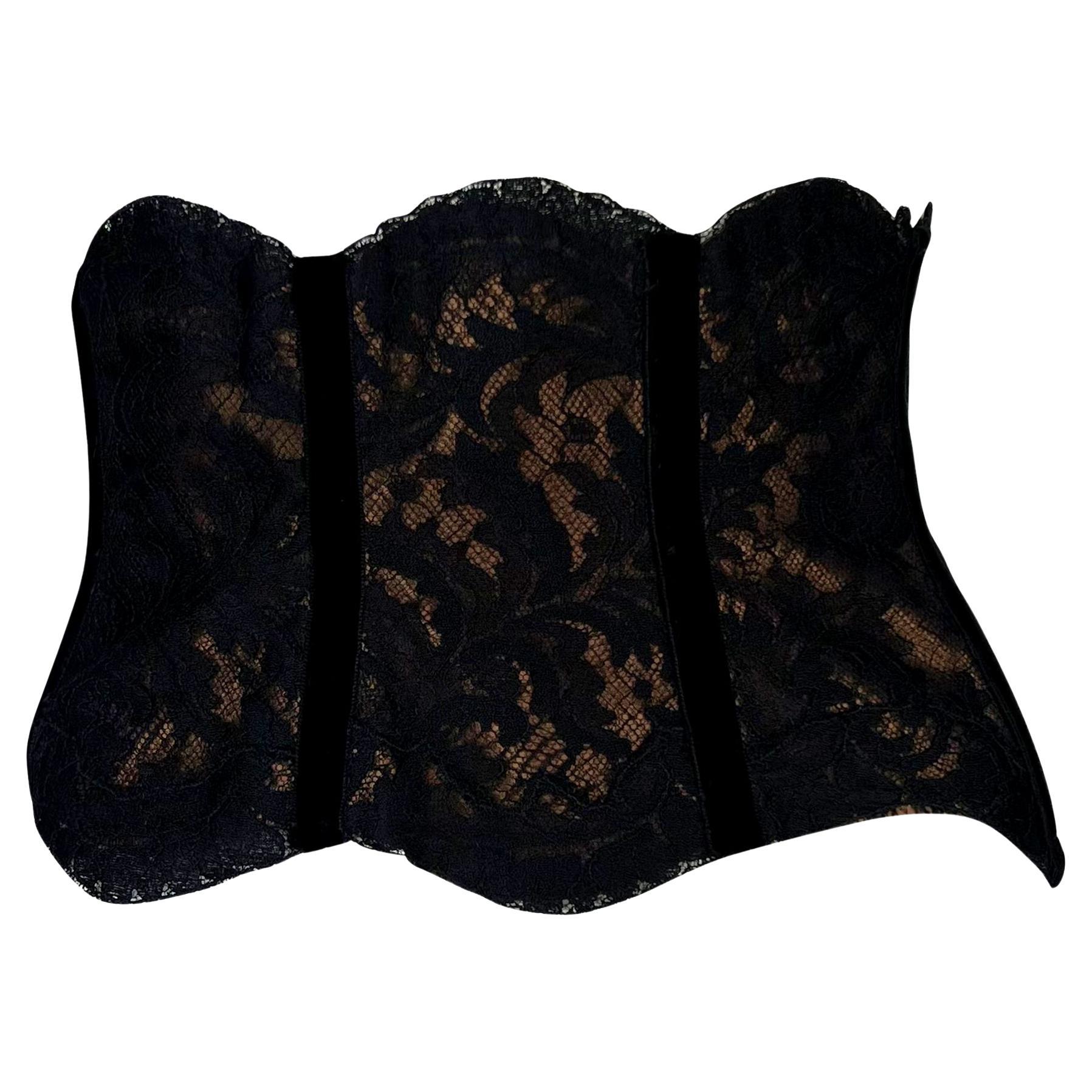 1990s Valentino Garavani Copper Satin Black Lace Overlay Corset Boned Waist Belt For Sale