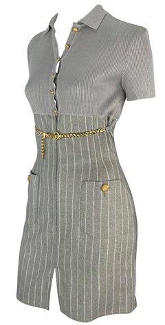 1990s Valentino Garavani Grey Pinstripe Sweater Gold Chain Belt Mini Dress