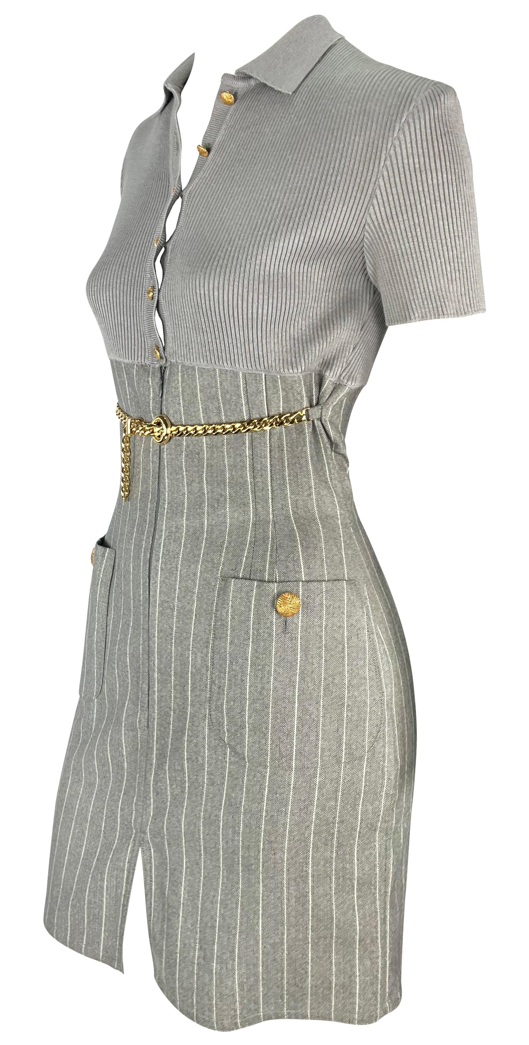 1990s Valentino Garavani Grey Pinstripe Sweater Gold Chain Belt Mini Dress In Good Condition For Sale In West Hollywood, CA