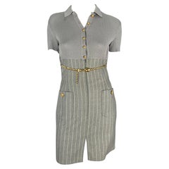 Vintage 1990s Valentino Garavani Grey Pinstripe Sweater Gold Chain Belt Mini Dress