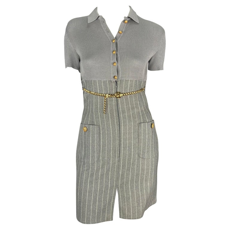 1990s Valentino Garavani Grey Pinstripe Sweater Gold Chain Belt Mini Dress  For Sale at 1stDibs