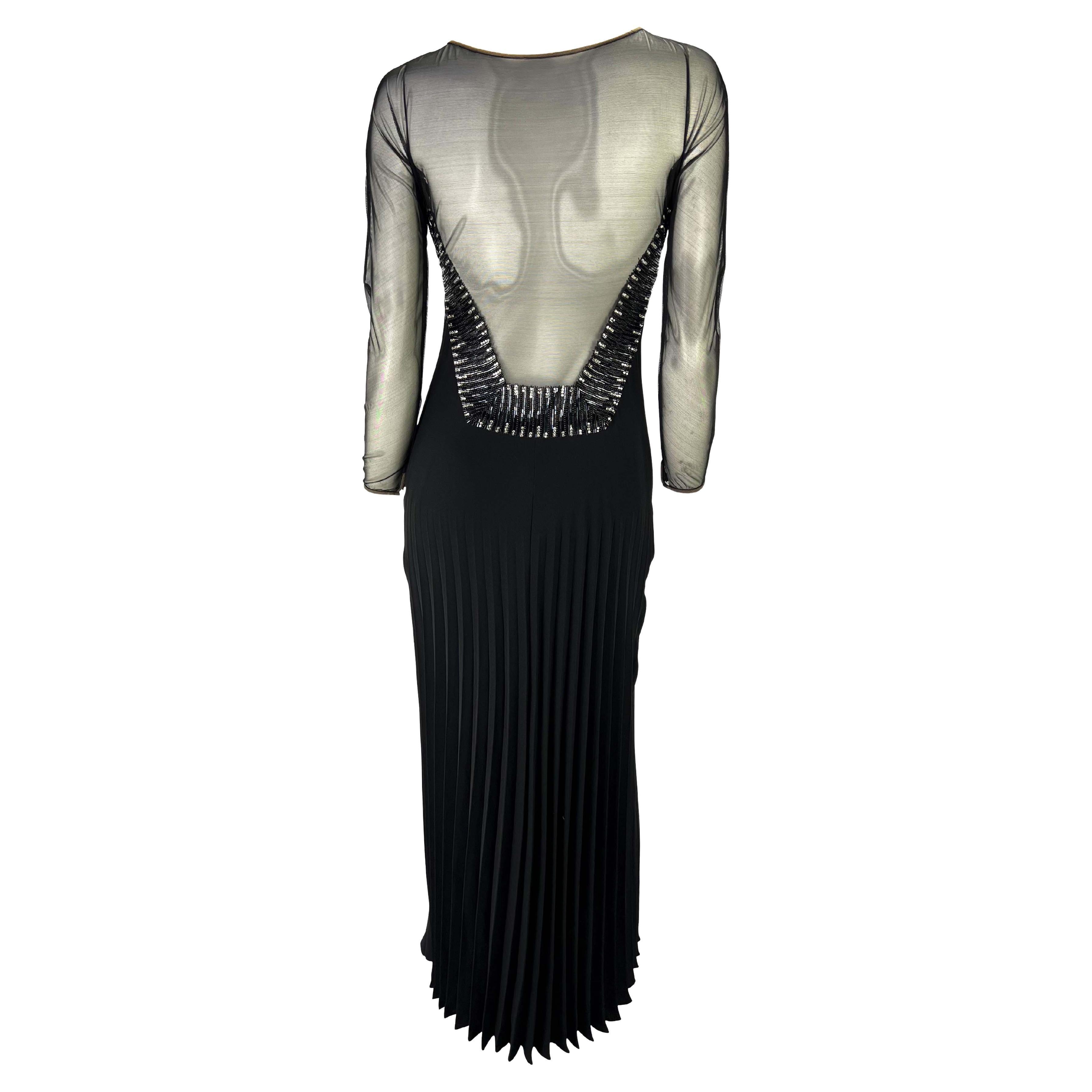 1990s Valentino Garavani Rhinestone Black Beaded Sheer Accordion Pleat Gown In Excellent Condition In West Hollywood, CA