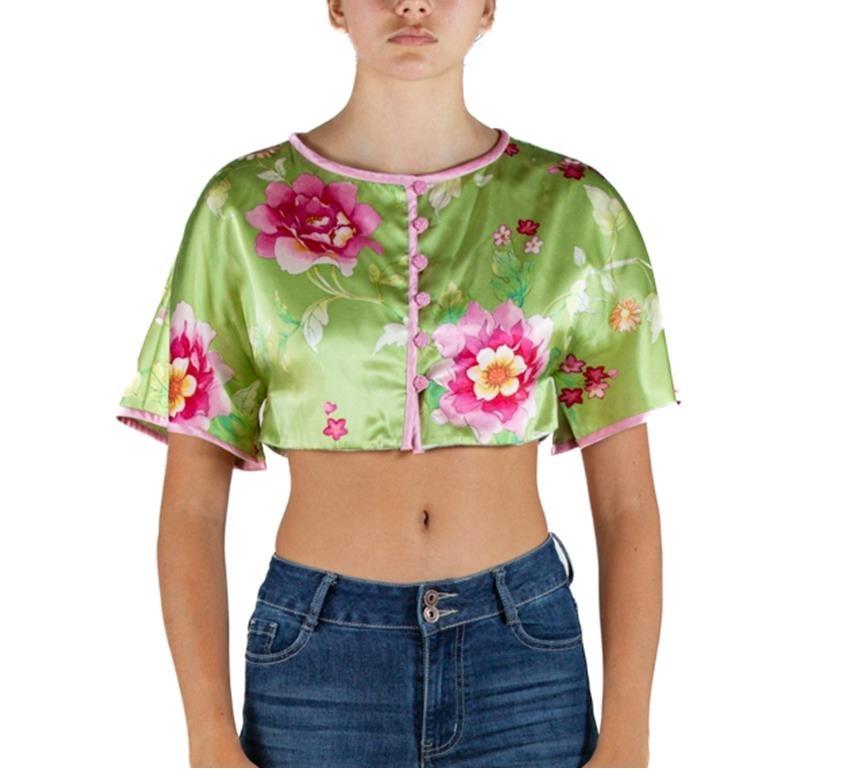 Runway sample with original hadnwritten style number tag inside 1990S Valentino Lime Green & Pink Silk Floral Runway Sample Top 