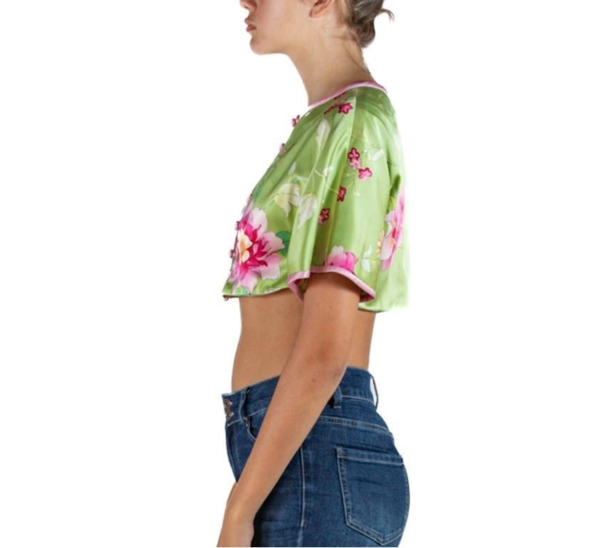 Brown 1990S Valentino Lime Green & Pink Silk Floral Runway Sample Top For Sale