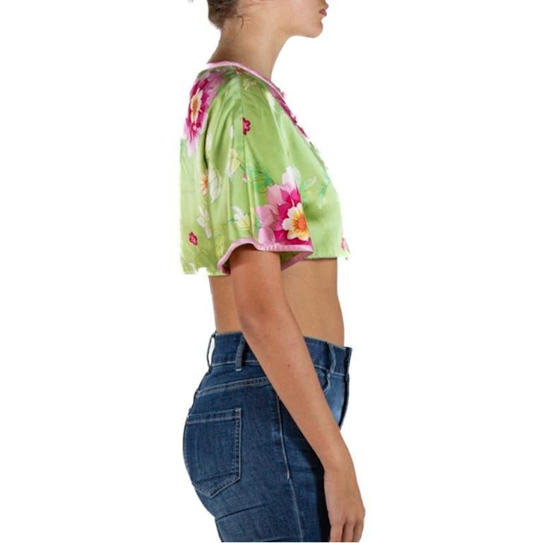 1990S Valentino Lime Green & Pink Silk Floral Runway Sample Top In Excellent Condition For Sale In New York, NY