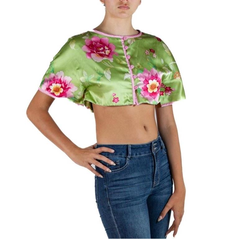1990S Valentino Lime Green & Pink Silk Floral Runway Sample Top For Sale 1