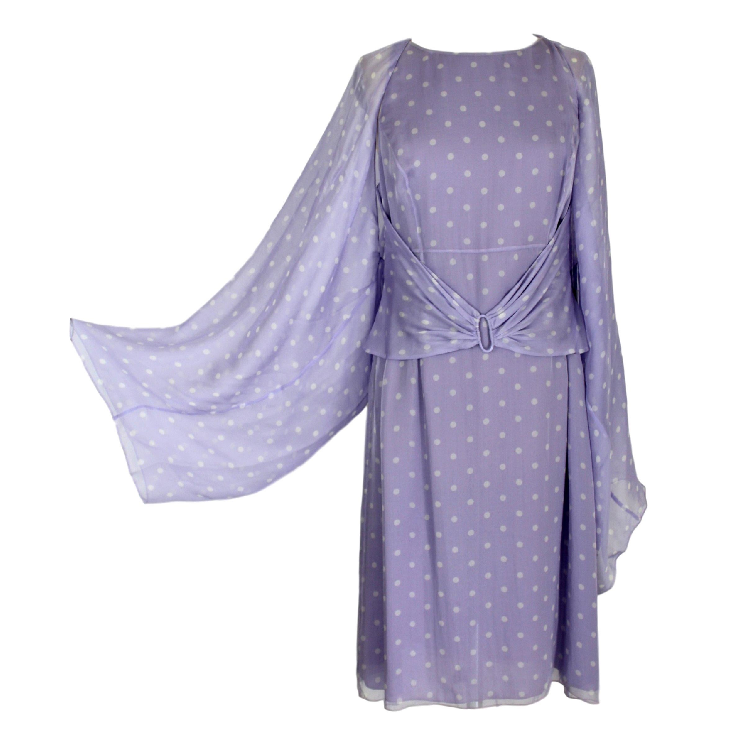 1990s Valentino New Lilac Silk Polka Dot Stole Sheath Evening Dress