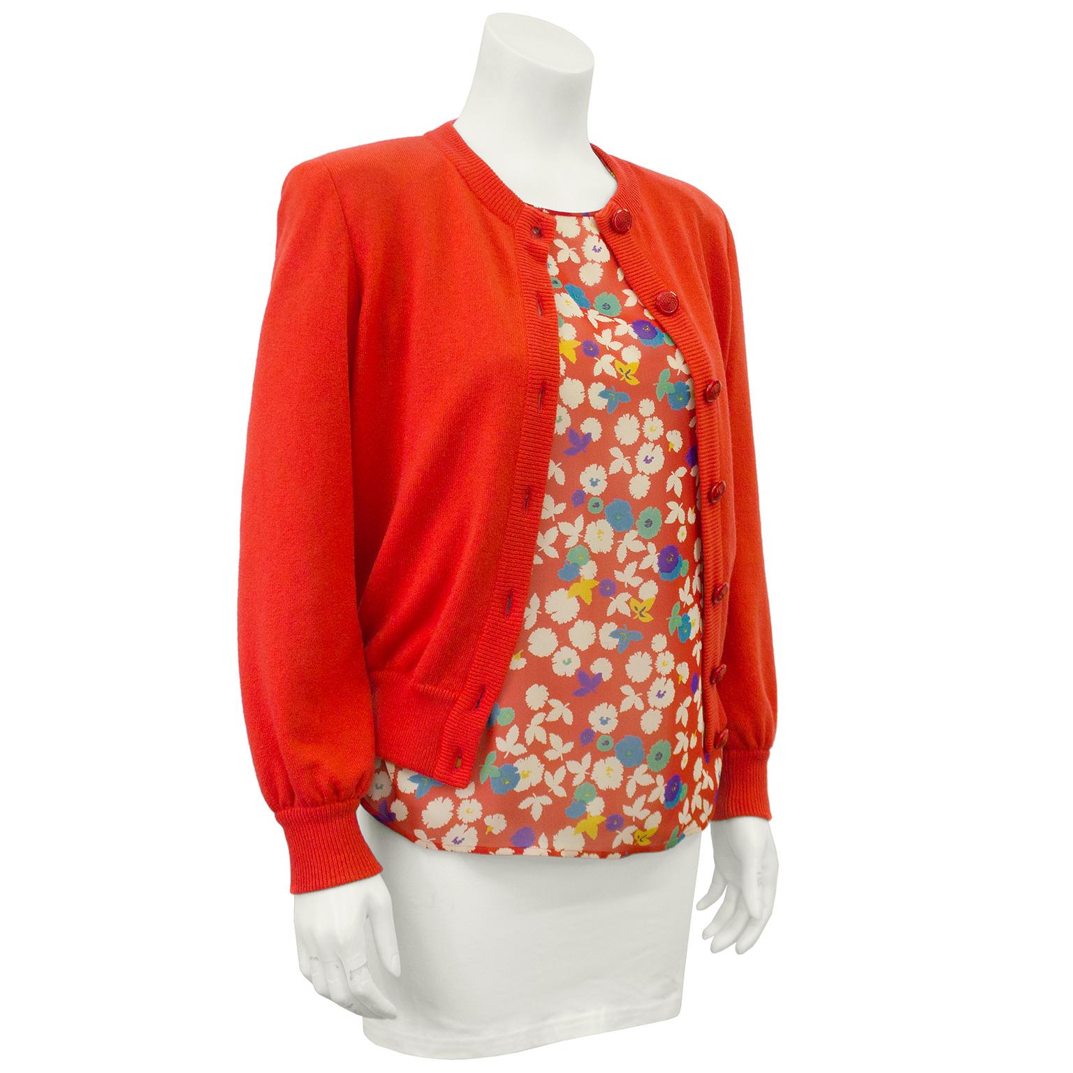 Valentino Night label red chiffon floral long sleeve blouse with red cashmere sweater set from the 1990s. The beautiful long sleeve blouse is made from a floral printed red chiffon with a zipper closure half way up the back. The red cashmere sweater