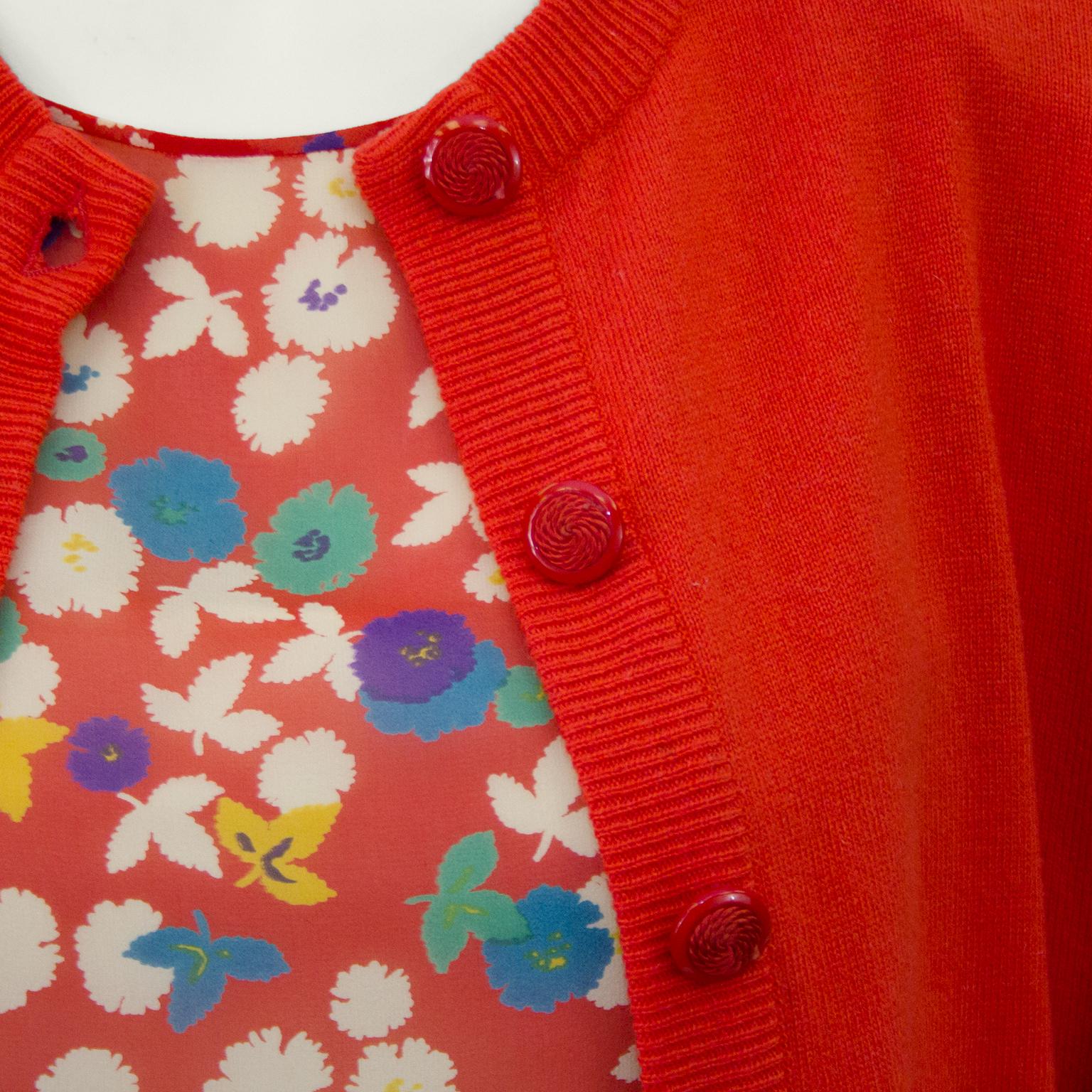 Women's 1990s Valentino Night Red Floral Silk Sweater & Blouse Set