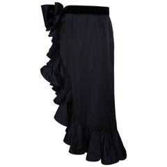 1990s Valentino Night Ruffled Asymmetric Black Silk Skirt
