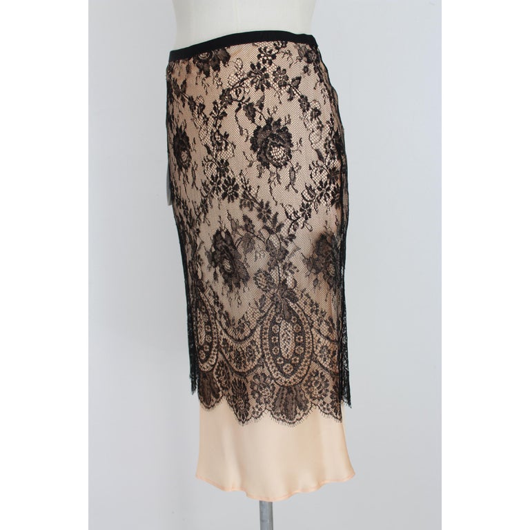1990s Valentino Roma Beige and Black Silk Lace Long Skirt at 1stDibs