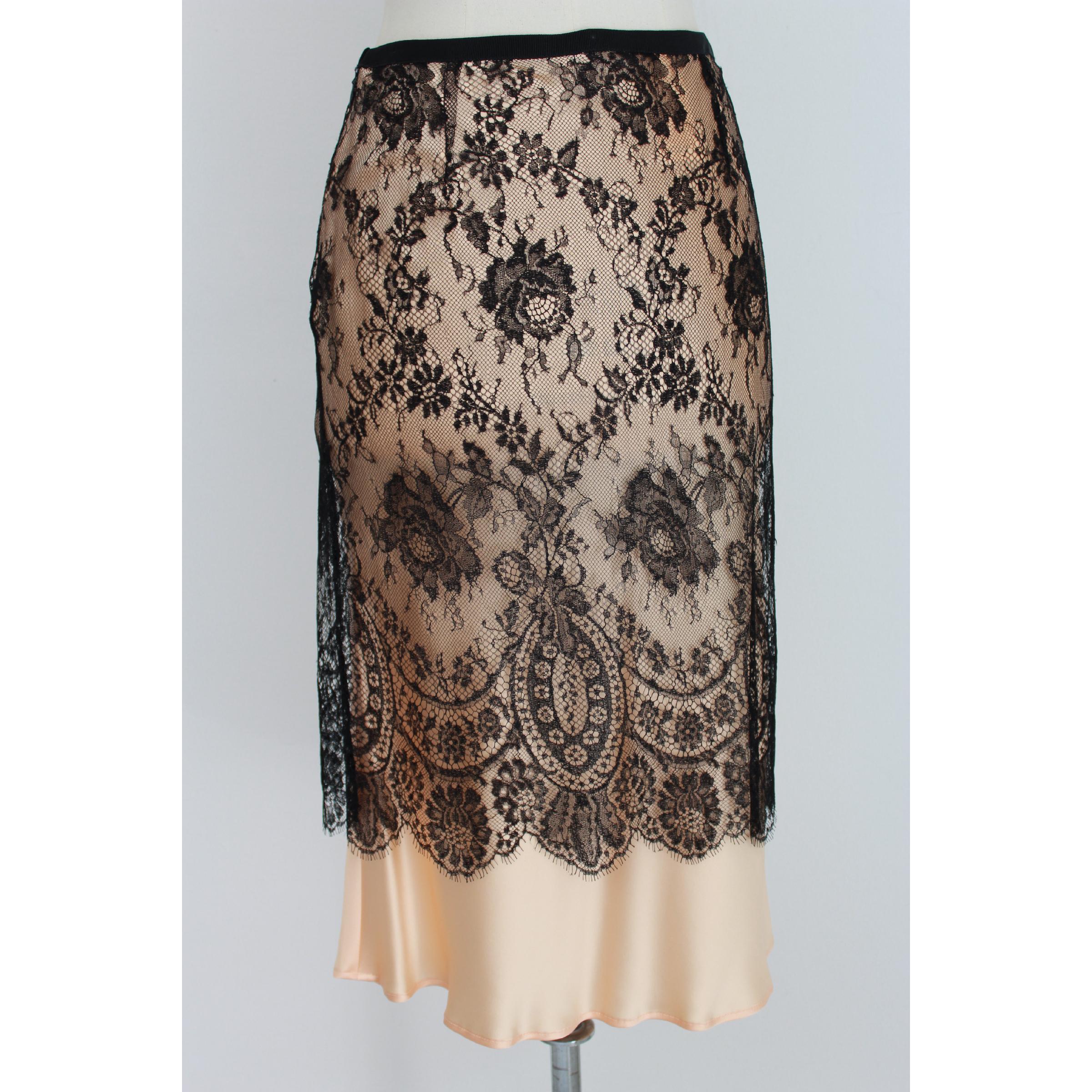 Brown 1990s Valentino Roma Beige and Black Silk Lace Long Skirt
