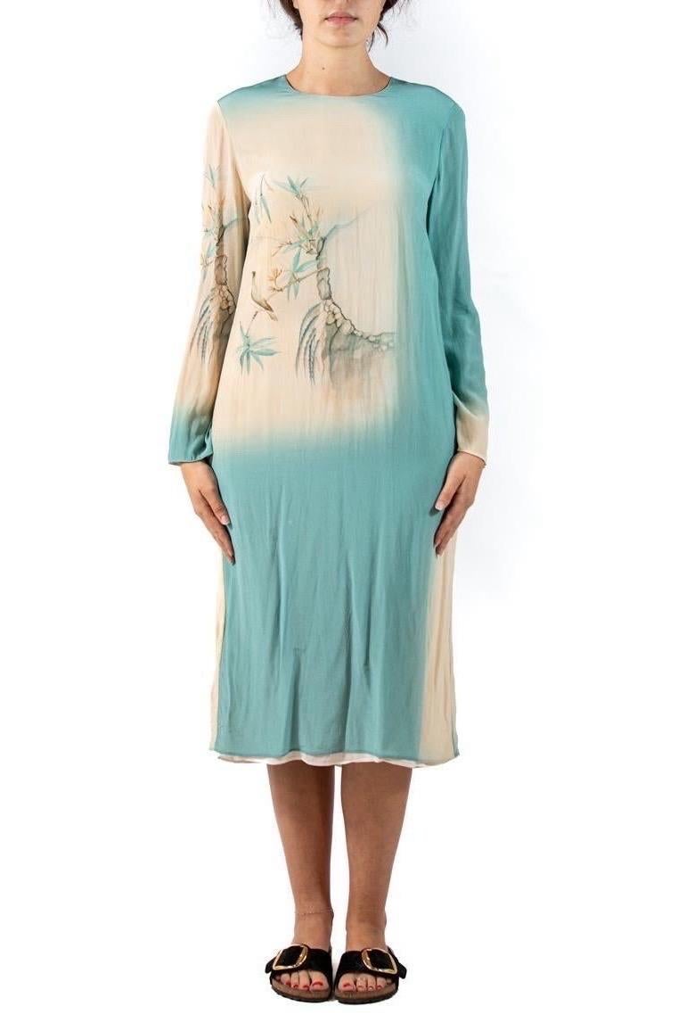1990S Valentino Seafoam Green & Cream Silk Crepe De Chine Asian Floral Dress With Sleeves