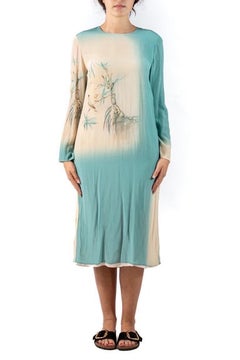 1990S Valentino Seafoam Green & Cream Silk Crepe De Chine Asian Floral Dress Wi